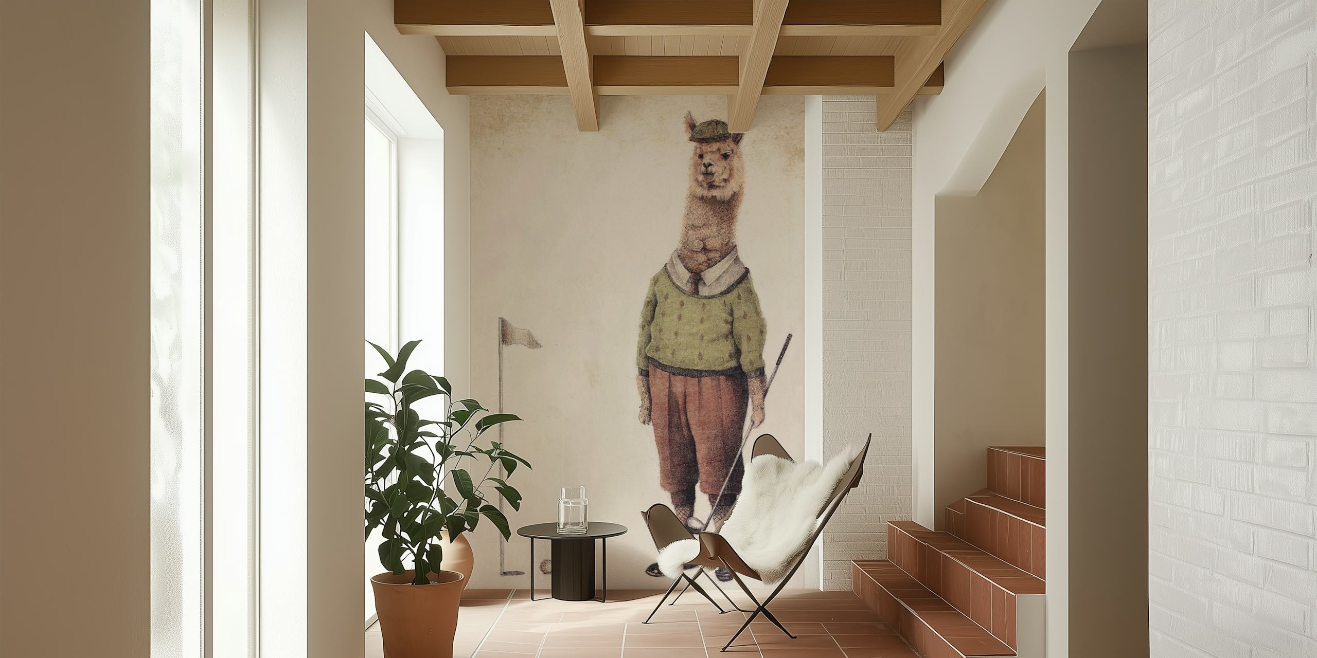 Fototapeta przedstawiająca alpakę w stroju golfowym gotową do gry, na teksturowanym tle.