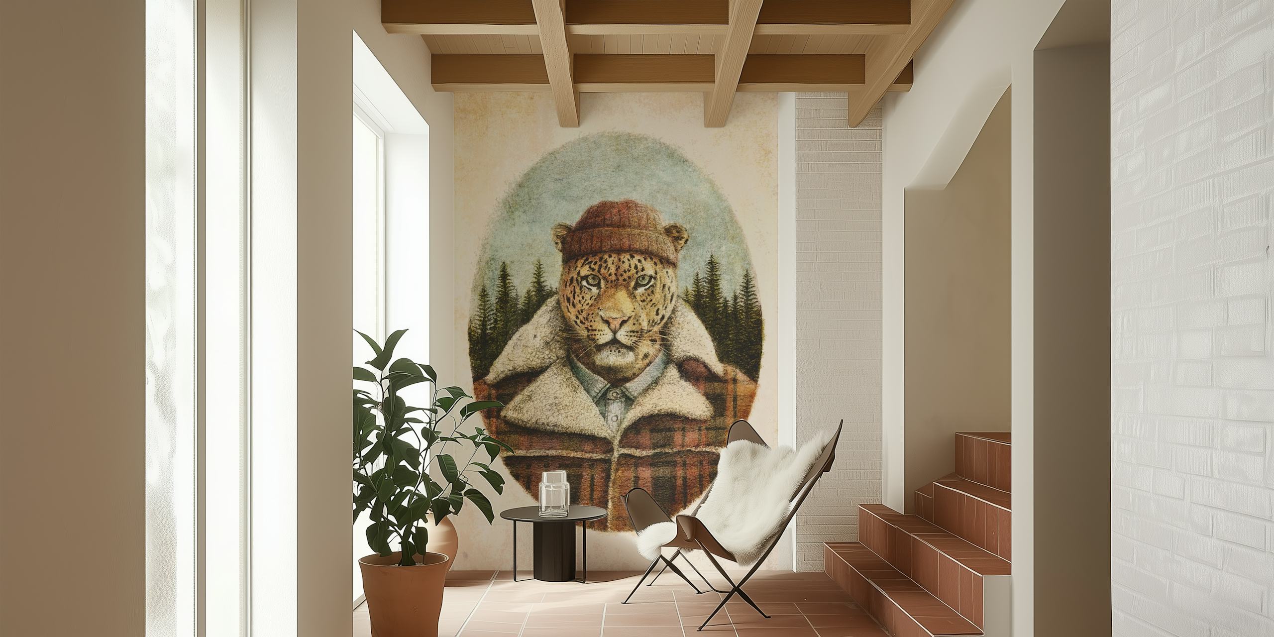 Leopard wearing a hat and plaid shirt in forest setting wallpaper