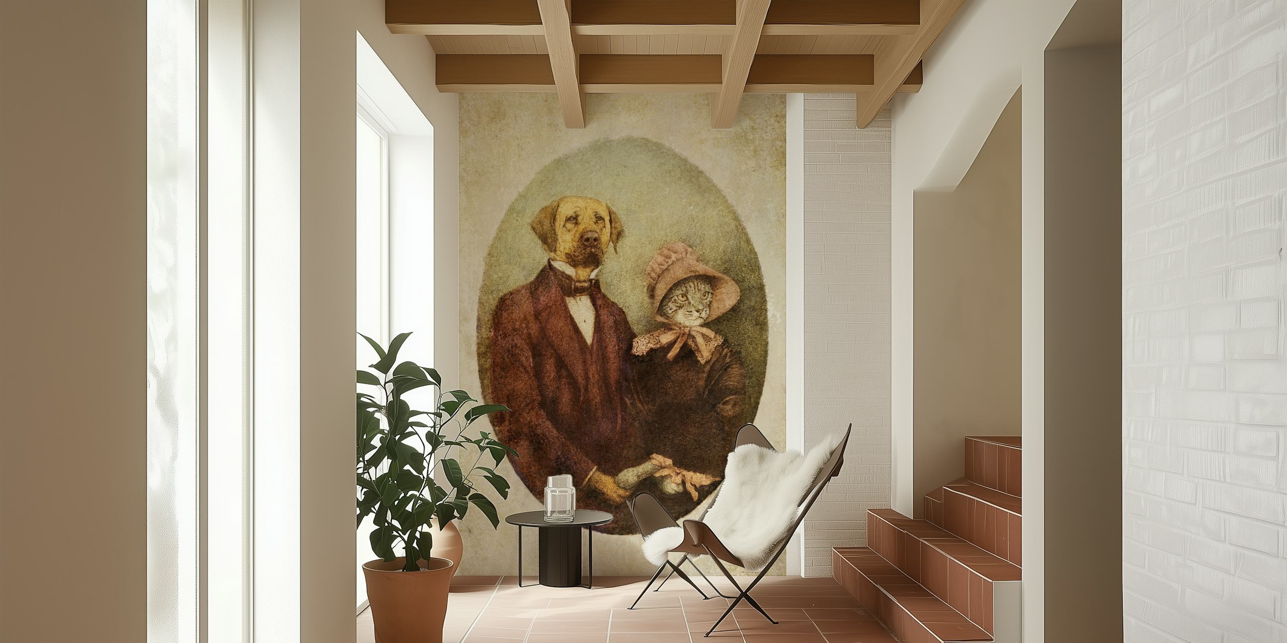 Vintage pet portrait of a dog and cat in formal attire wallpaper
