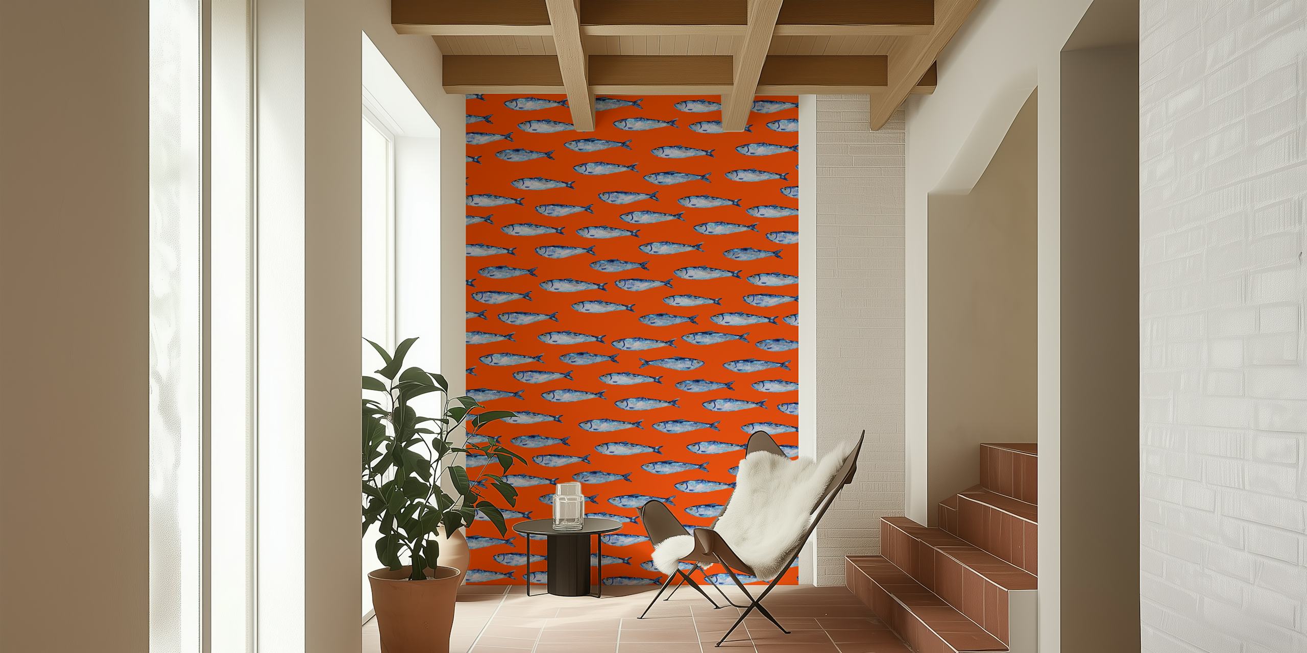 Fotomural con estampado de sardinas azules sobre fondo naranja.