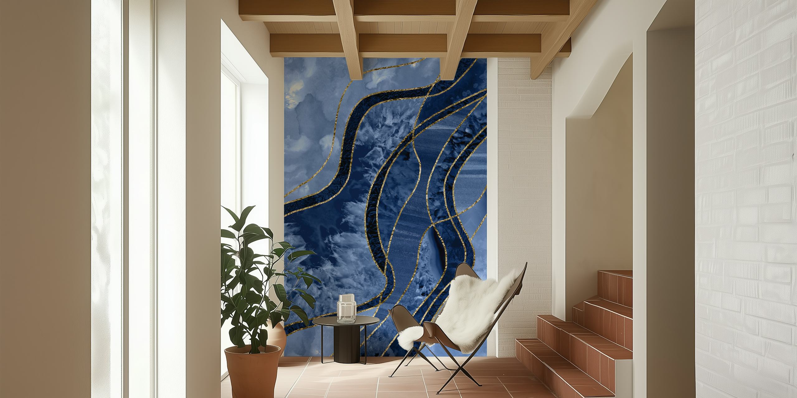 Abstract blue and gold marble pattern wallpaper
