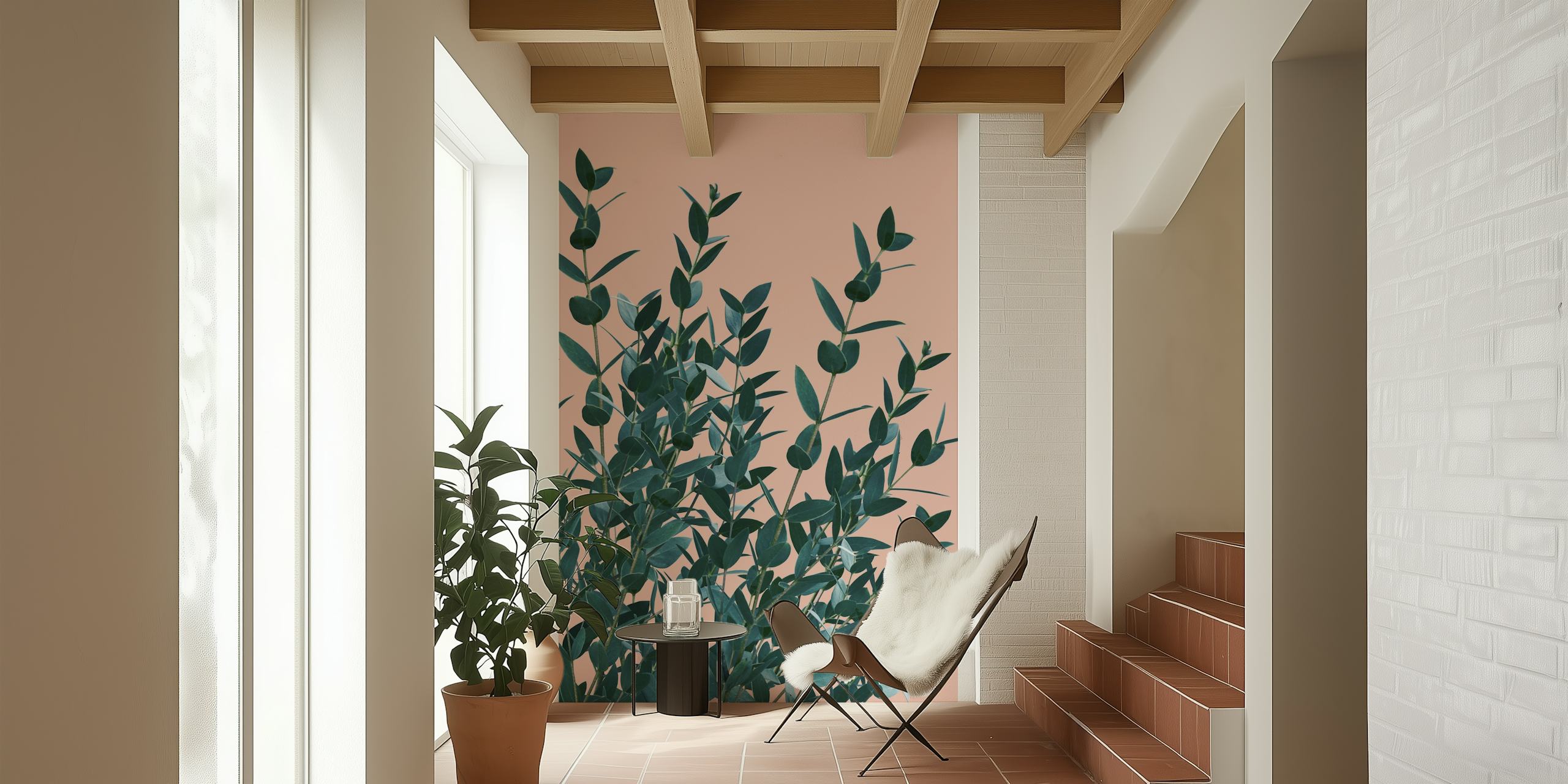 Green eucalyptus leaves on pink background wallpaper