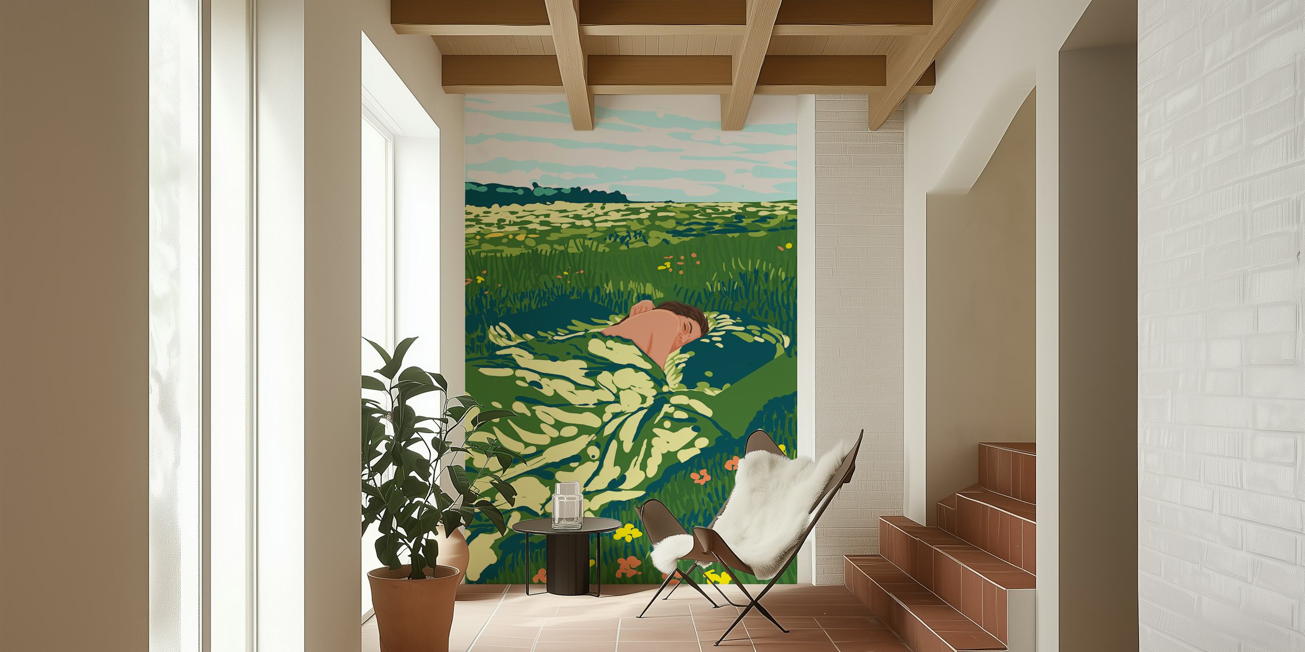 Tapetdesign som föreställer en person som sover i ett fält