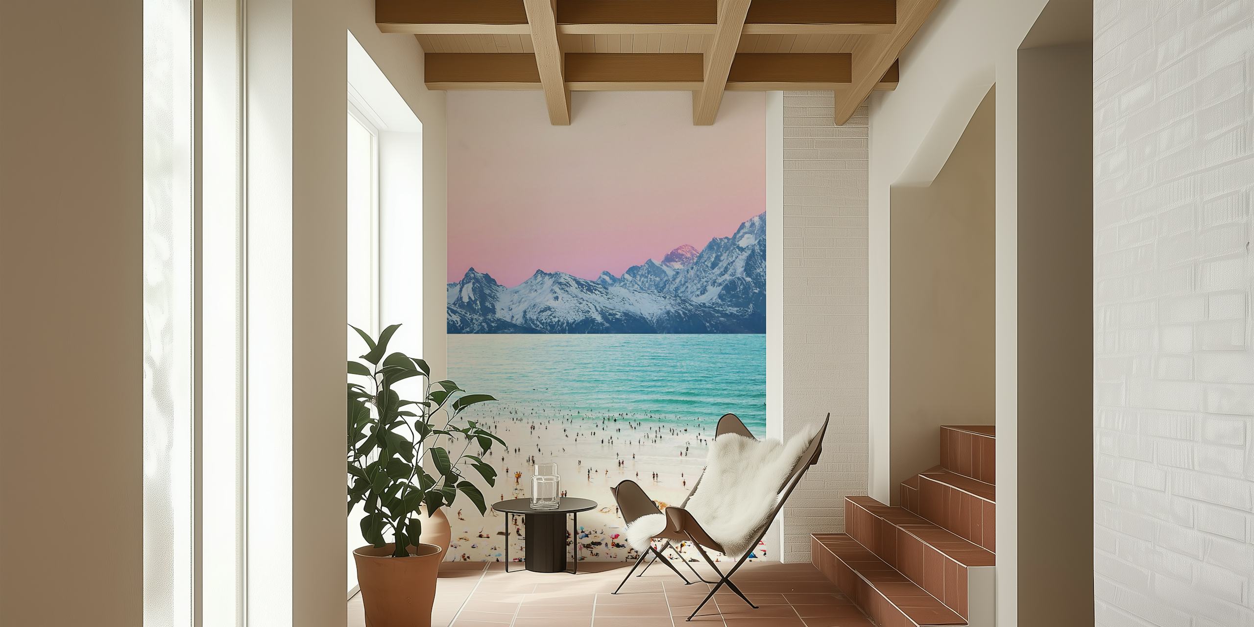 Pastel beach landscape with mountains and waves wallpaper