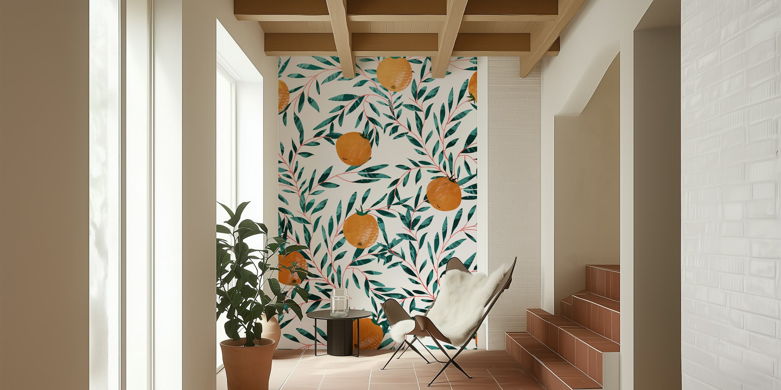 Orange mandarin fruits with green leaves wallpaper