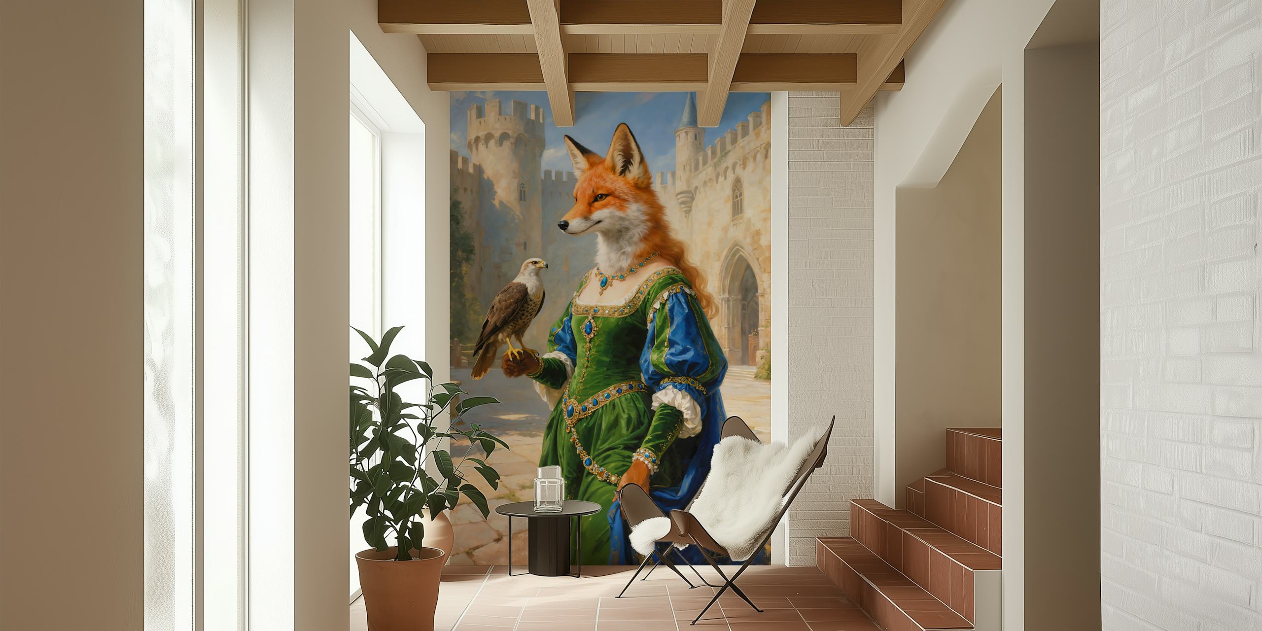 Fox character in royal attire with a bird. Colorful fantasy wallpaper