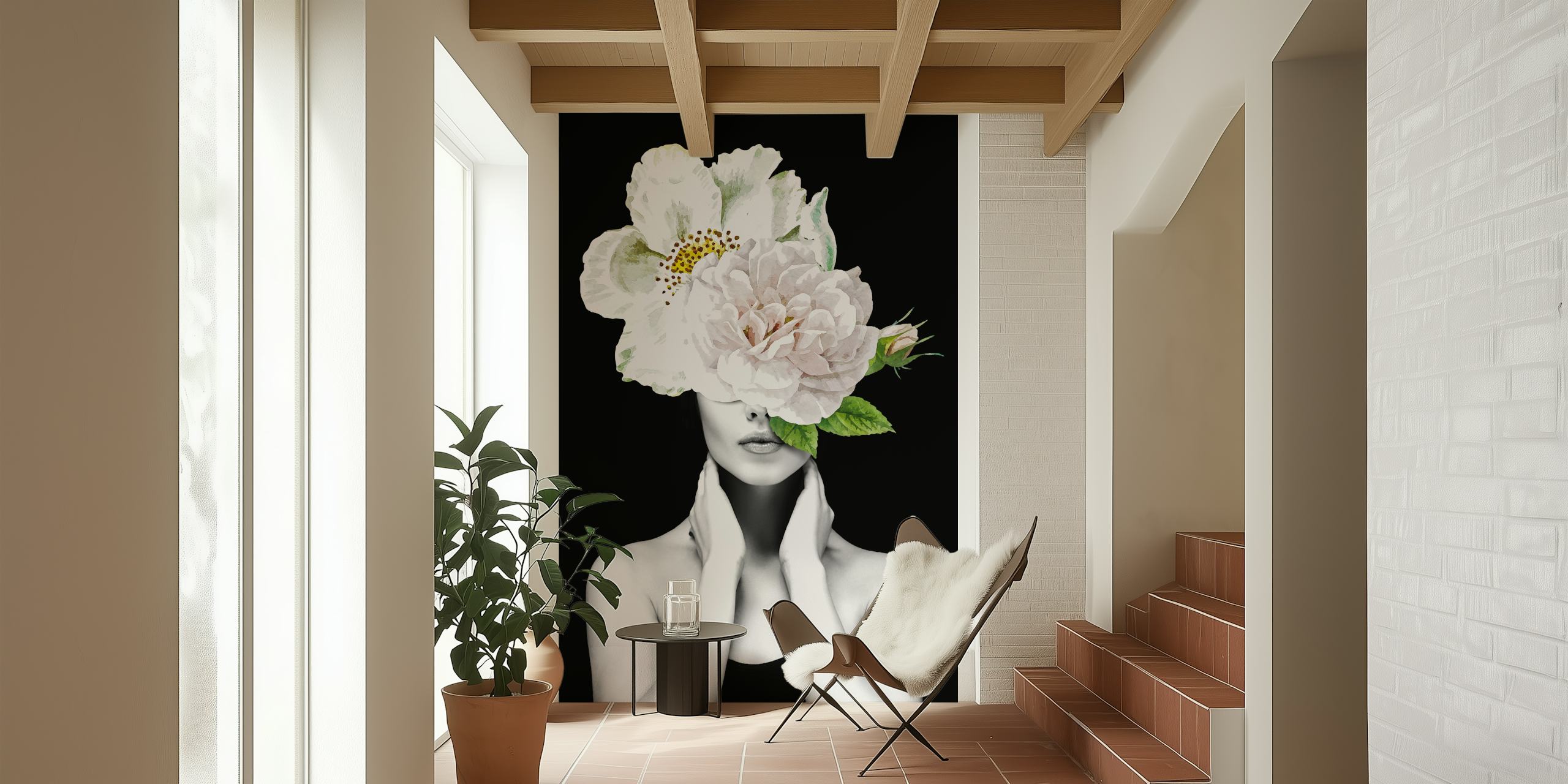 Black and white floral wallpaper featuring a woman with flowers