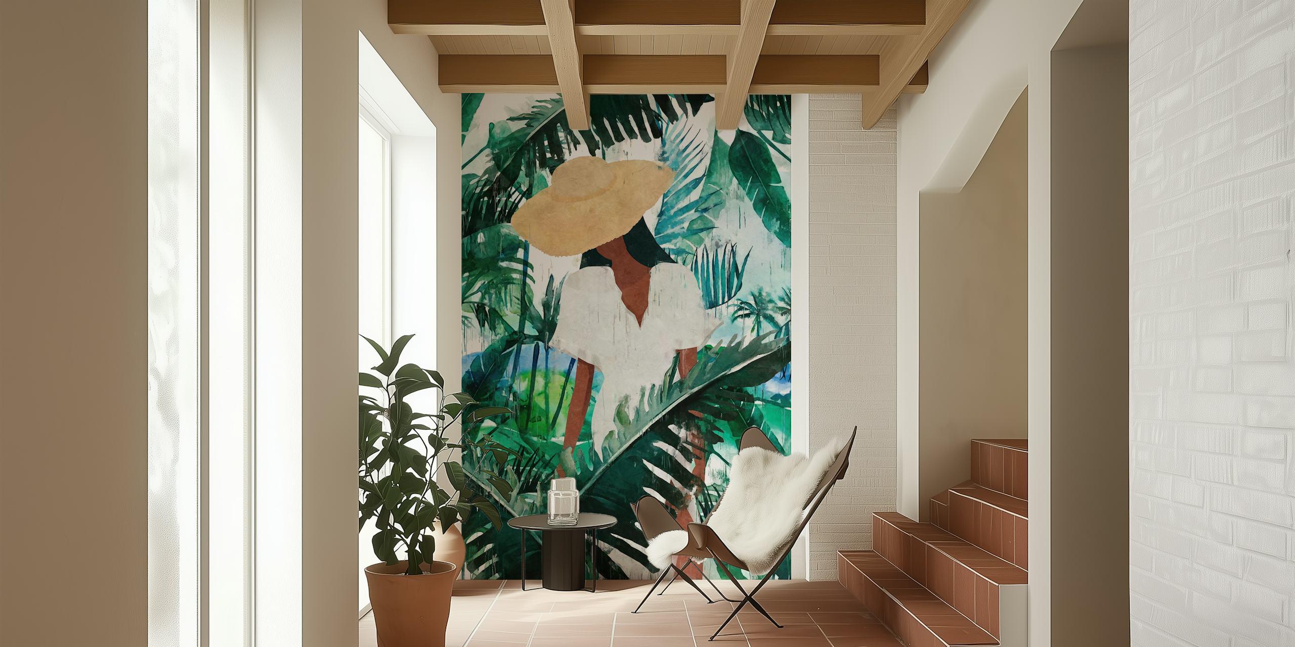 Tropical leaf wallpaper featuring a woman in a white outfit and hat. Green tones and a natural style create a serene atmosphere.