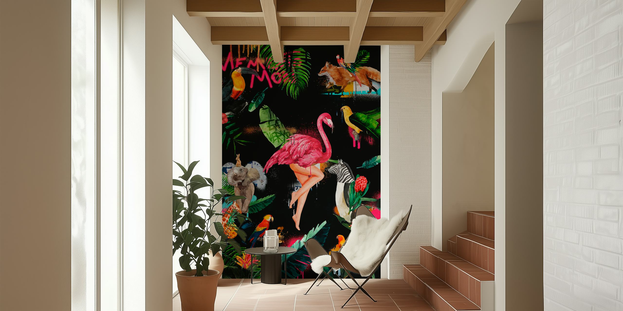 Tropical animal wallpaper featuring pink flamingos, colorful birds, green leaves on a black background