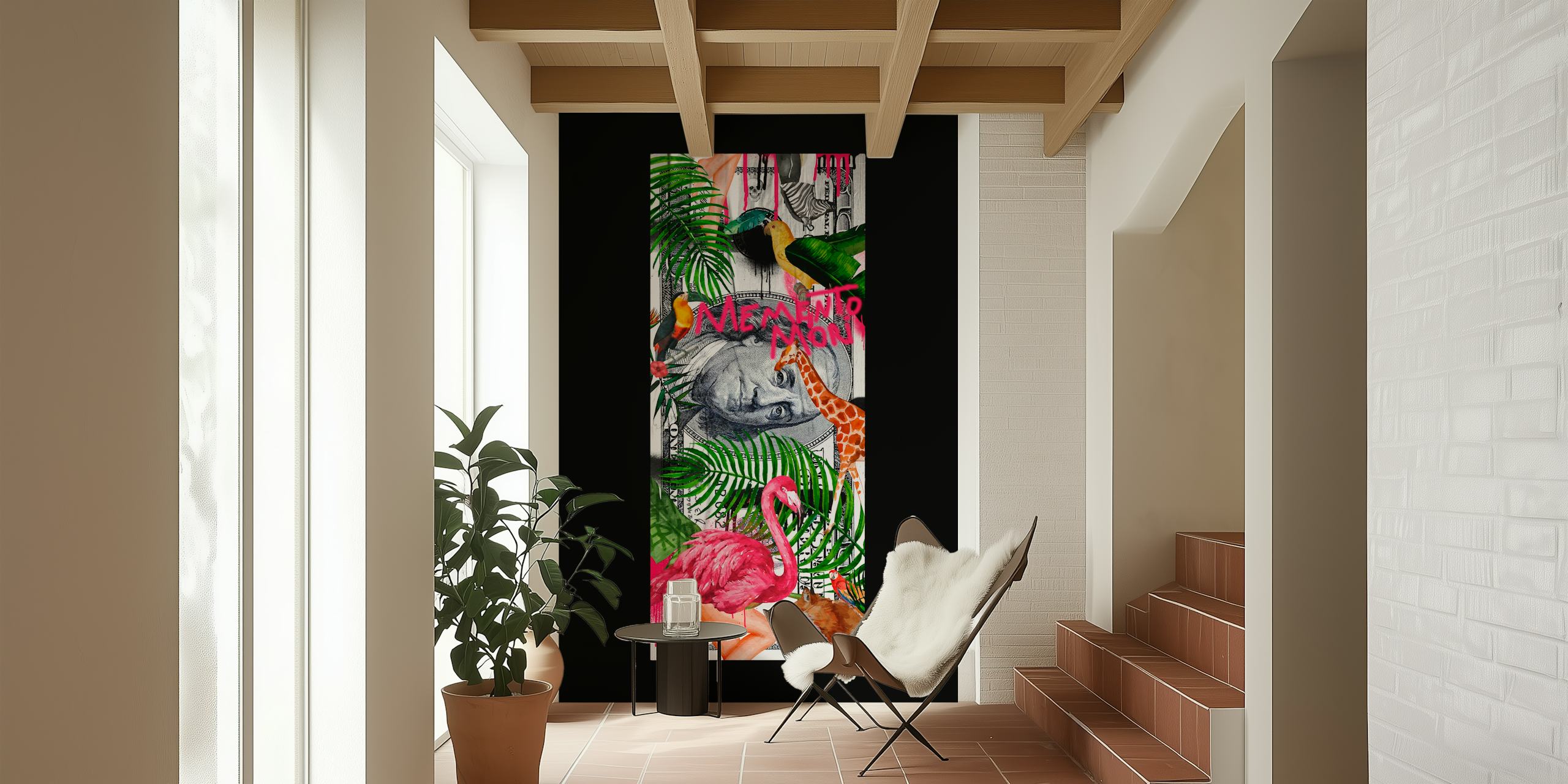 Memento Mori Money-vægmaleri med elefanter, flamingoer, giraffer og tropiske planter på Happywall