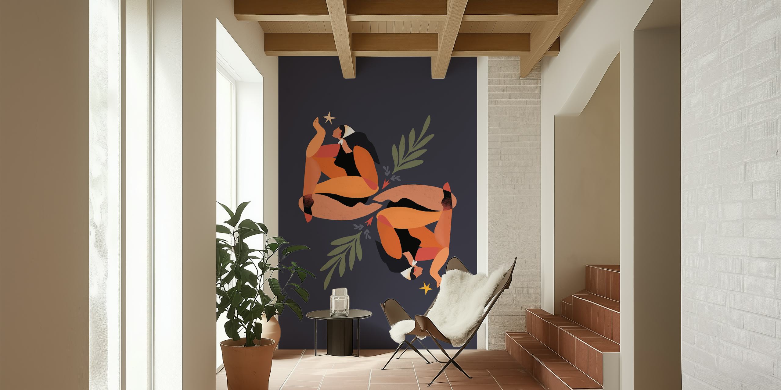 Abstract woman and nature elements in warm colors wallpaper