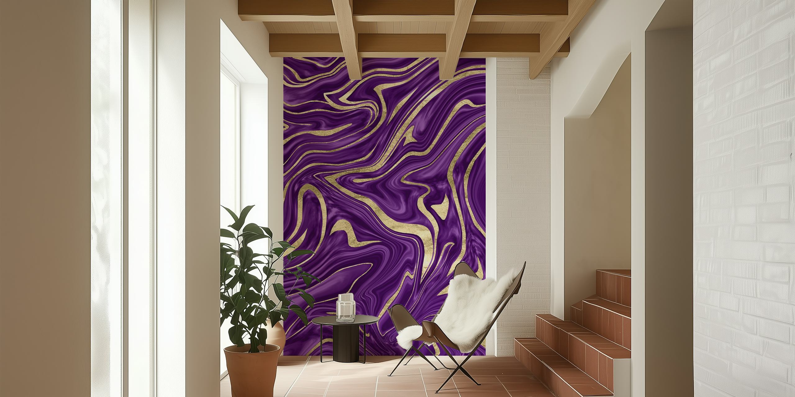 Motivo di carta da parati marmorizzata Purple e Gold