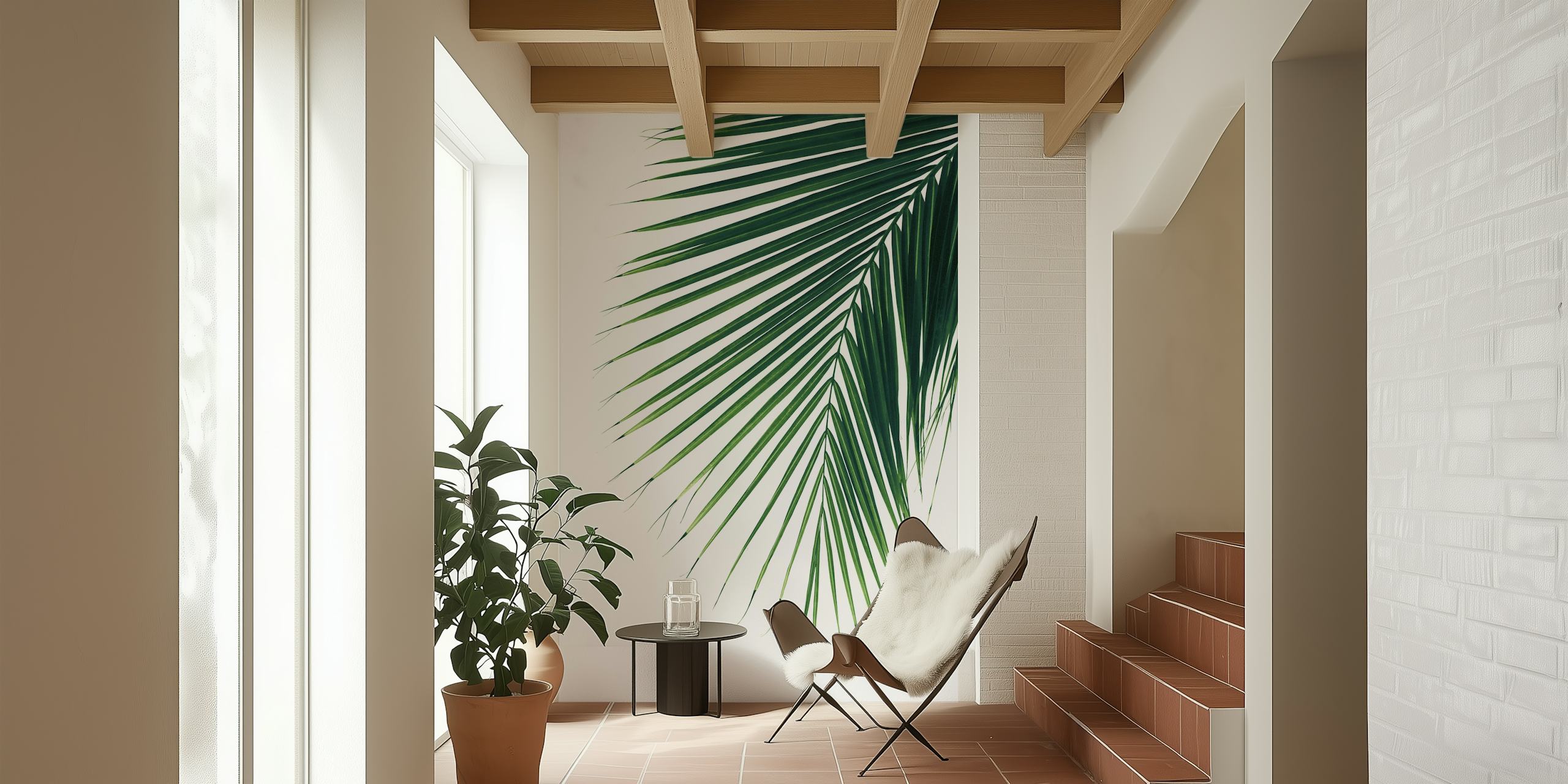 Tropical palm leaf design on a white background wallpaper