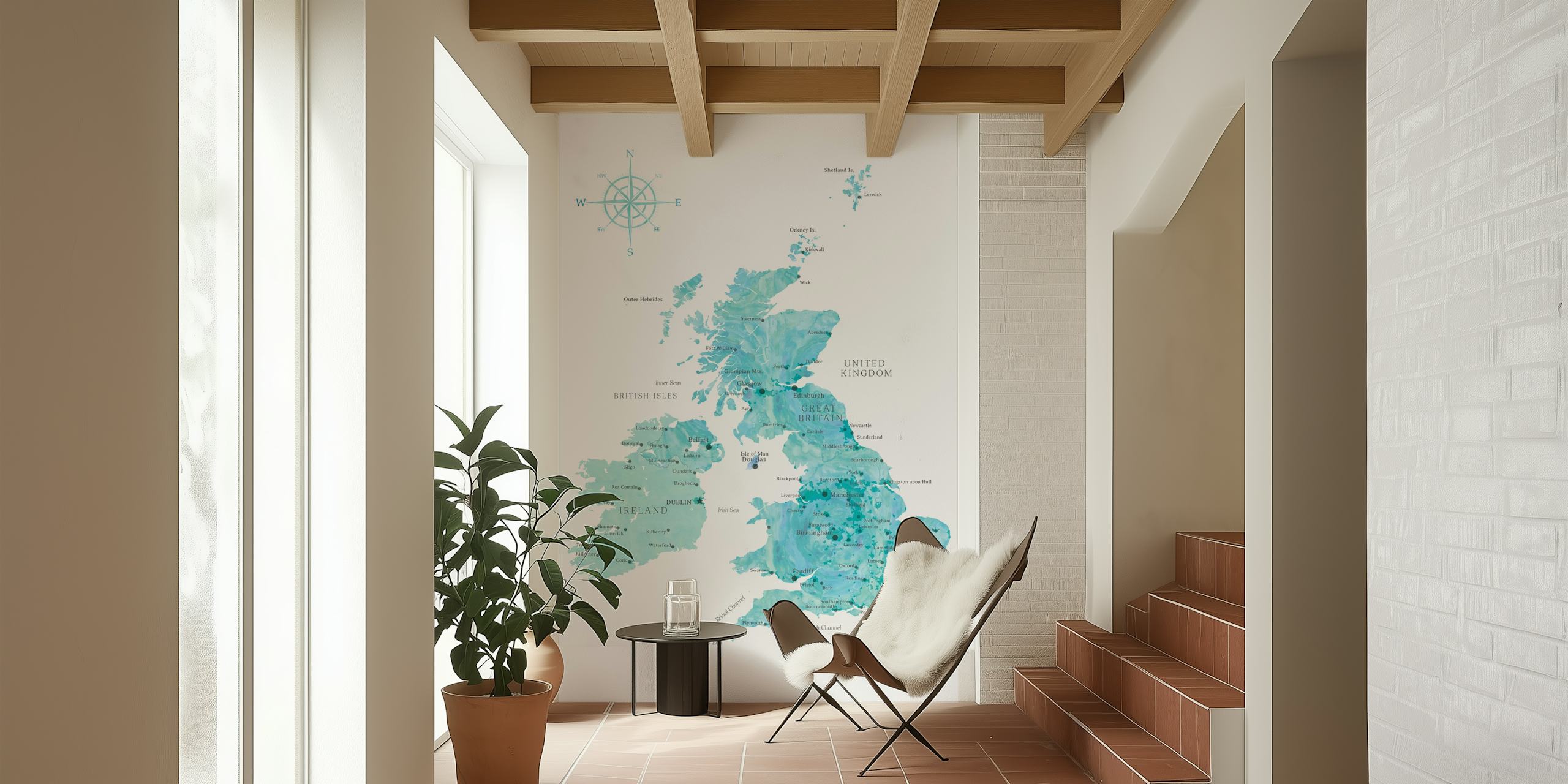 Watercolor map of the UK in blue and green tones wallpaper