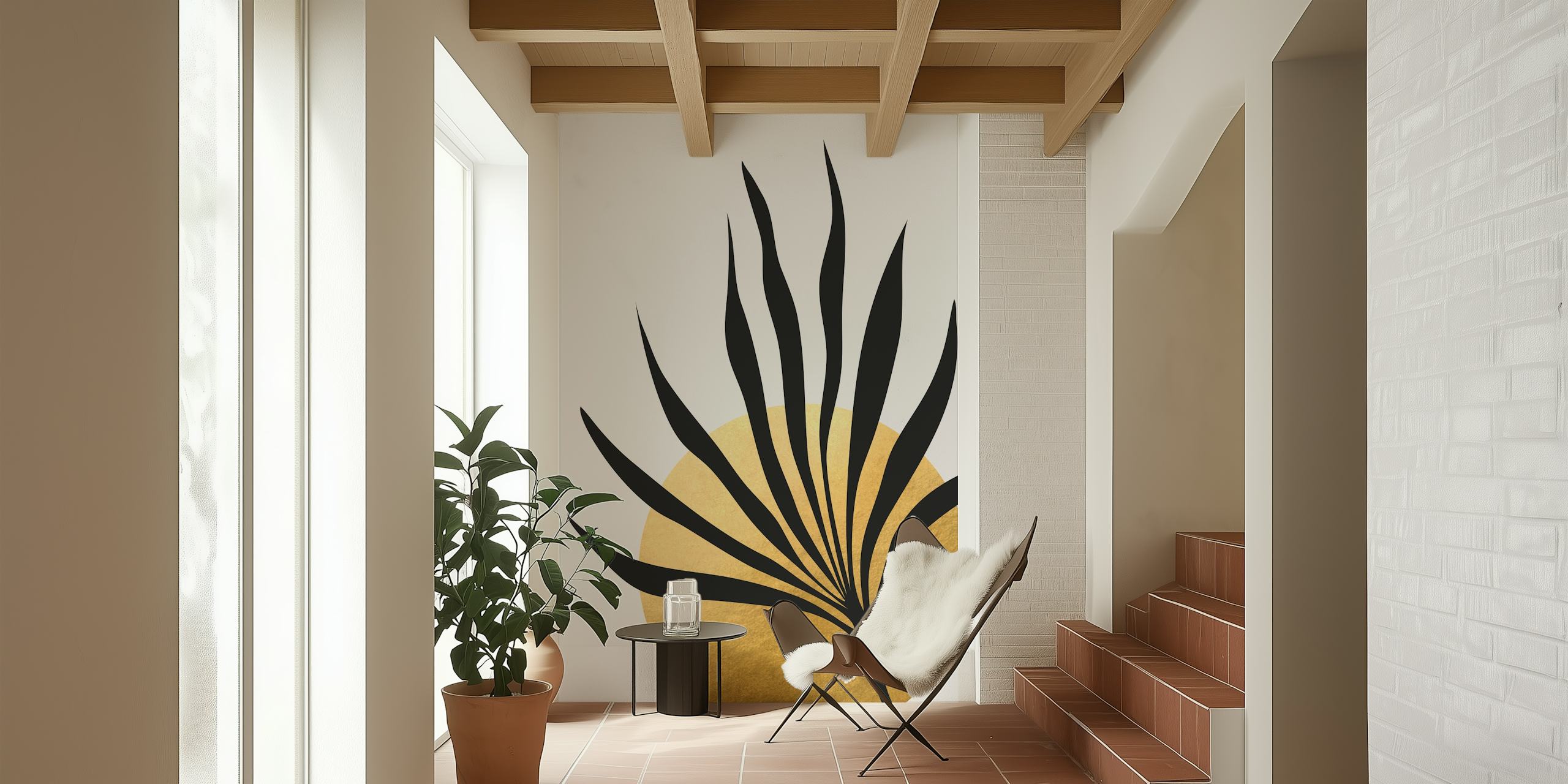 Black tropical palm leaf against a gold circle background wallpaper