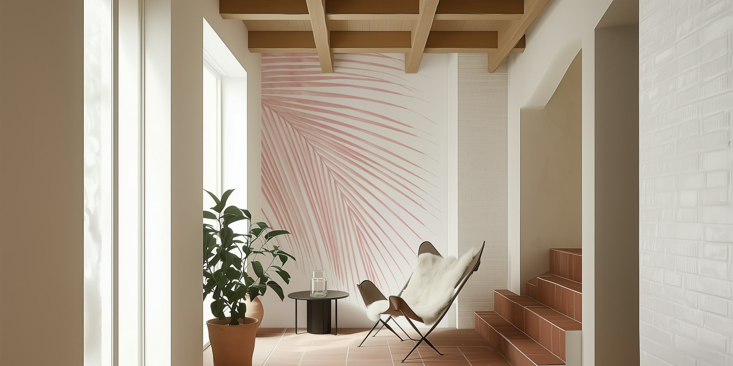 Ταπετσαρία Blush Pink Palm Leaf σε ρύθμιση δωματίου