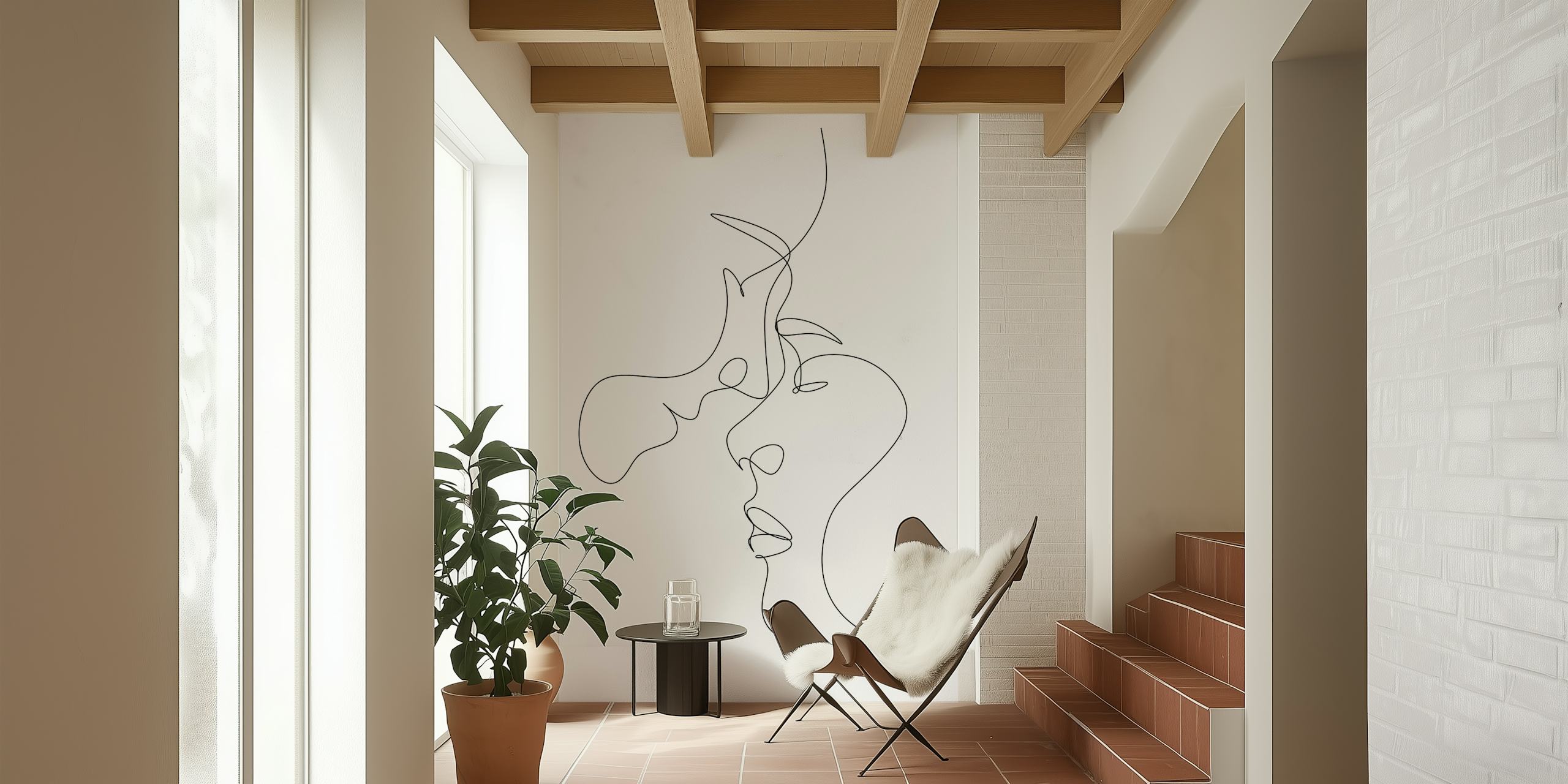 Minimalist line art of a couple in black outline wallpaper