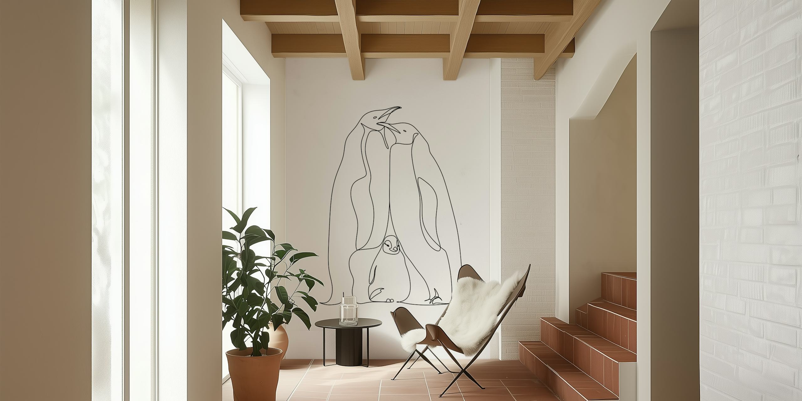 Line art penguins wallpaper in a room