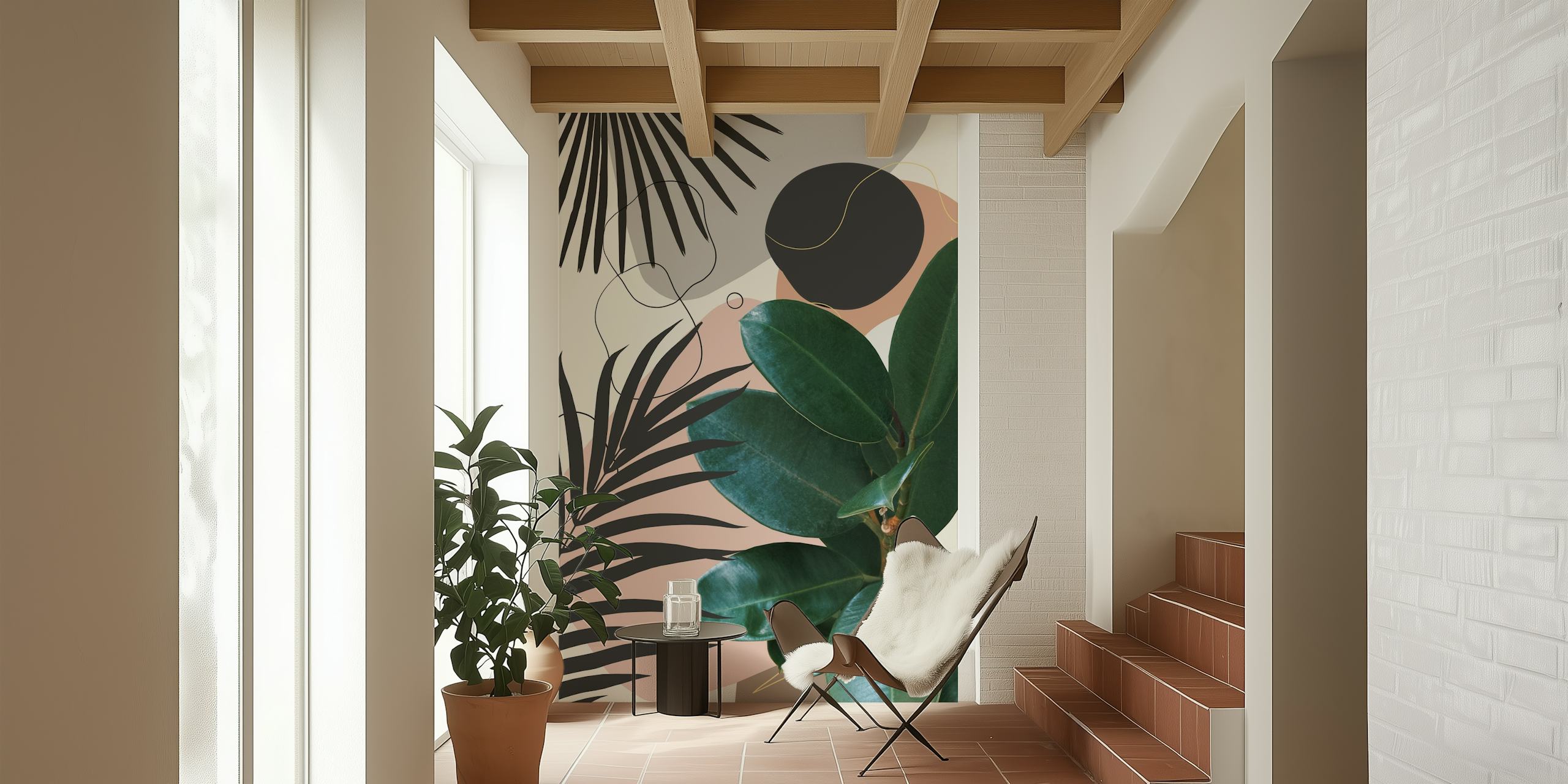 Ficus Elastica and fan palm leaf wall mural with pastel pink and neutral tones