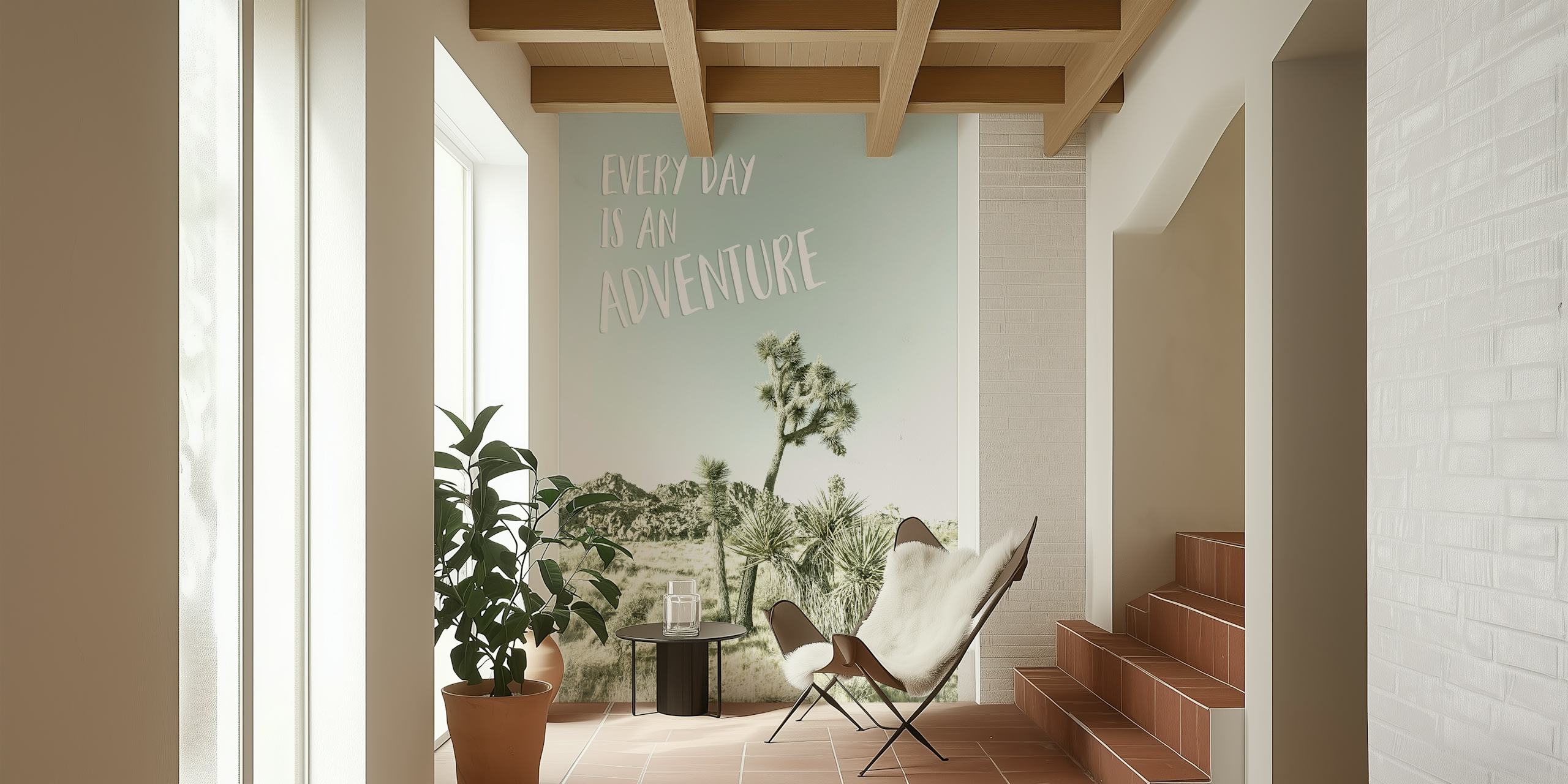 Black and white desert landscape with cacti and adventure text wallpaper