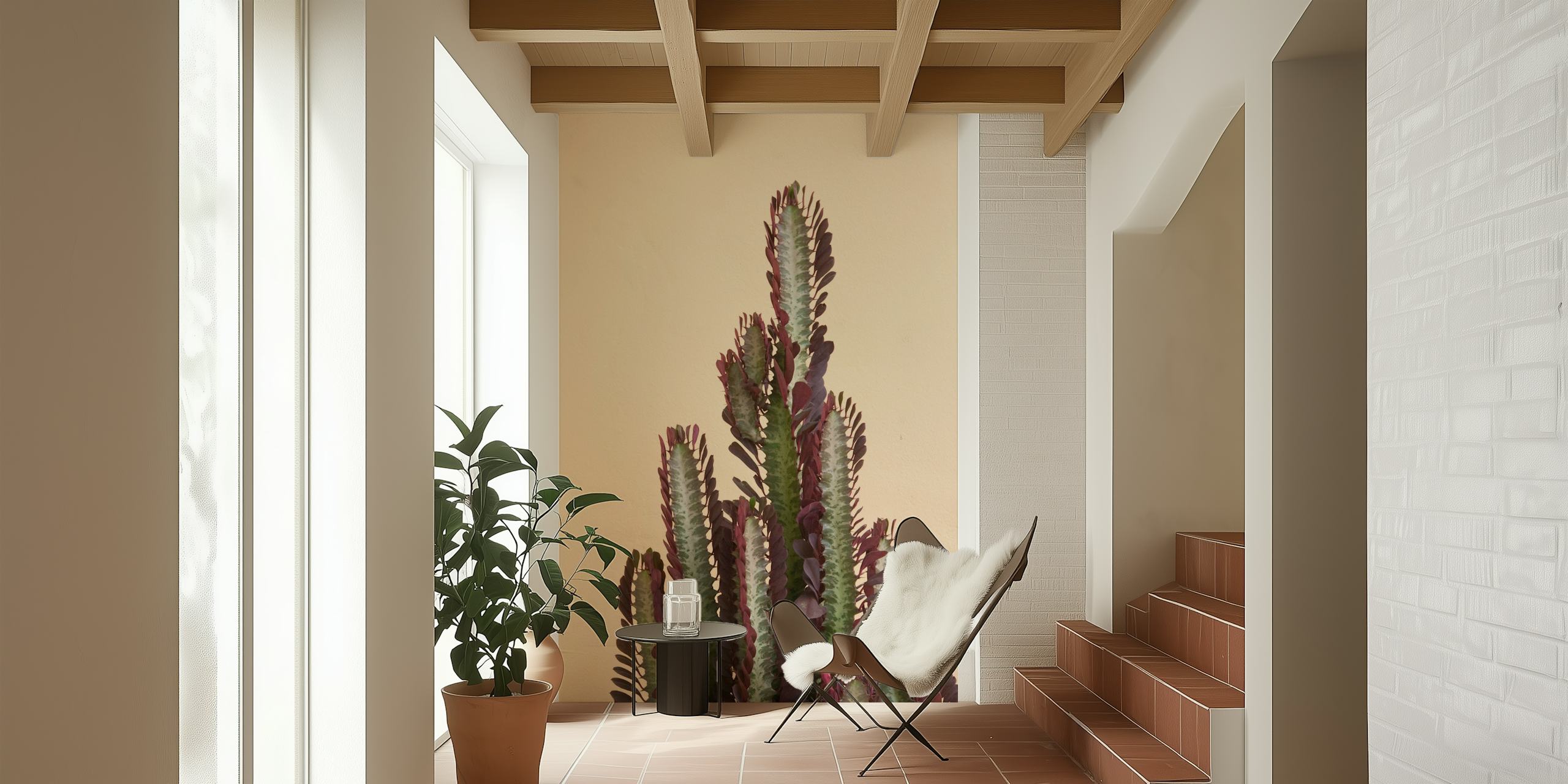 Cactus plant with purple and green leaves on beige background wallpaper