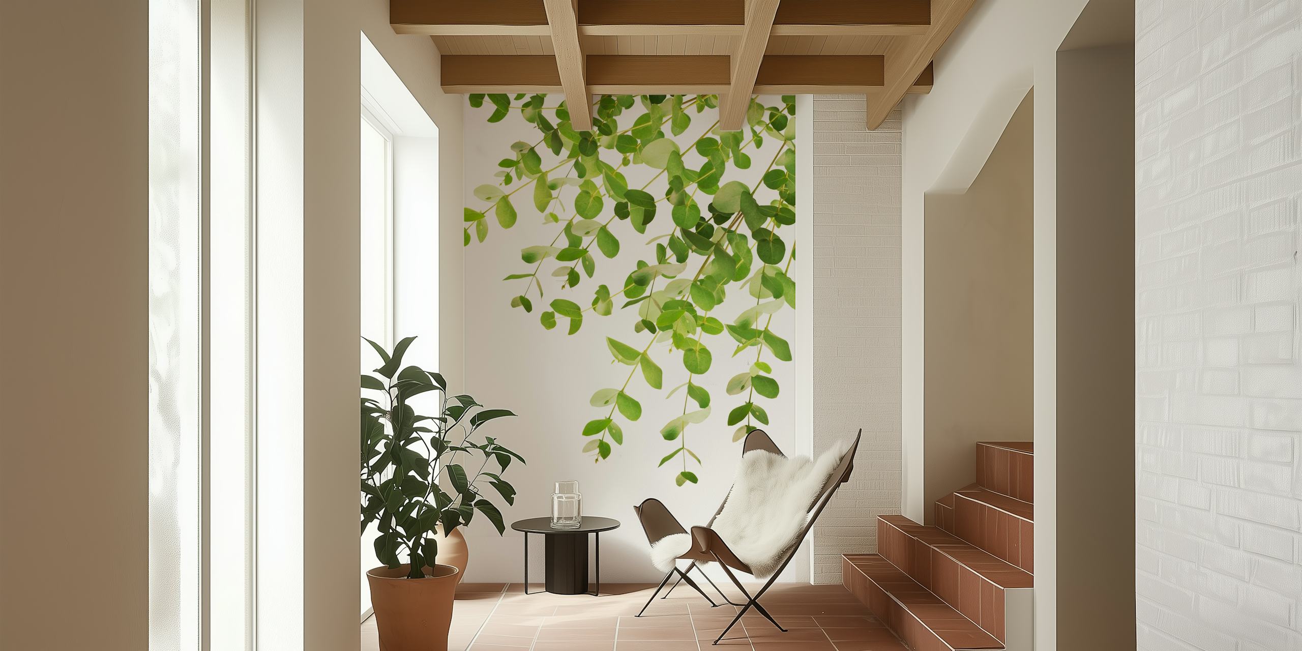 Eucalyptus branches with fresh green leaves against a bright background wall mural