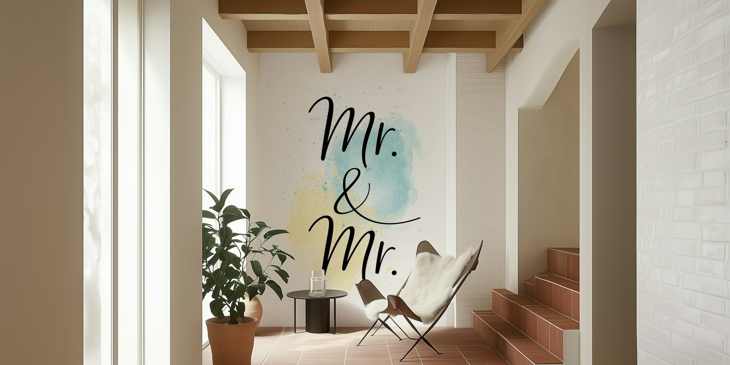 Calligraphy 'Mr & Mr' in blue and beige watercolor wallpaper