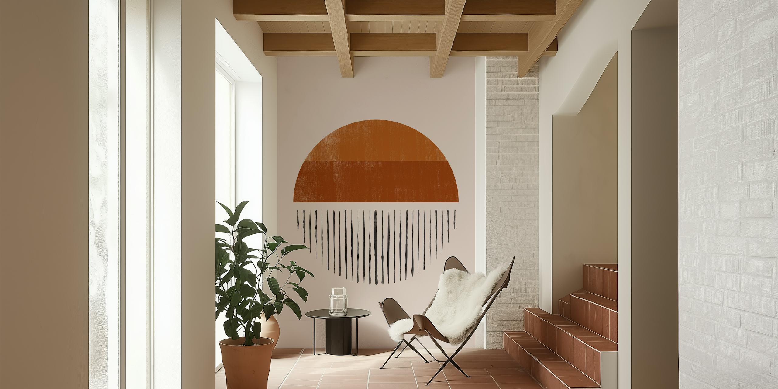 Terracotta abstract circle with vertical lines wallpaper