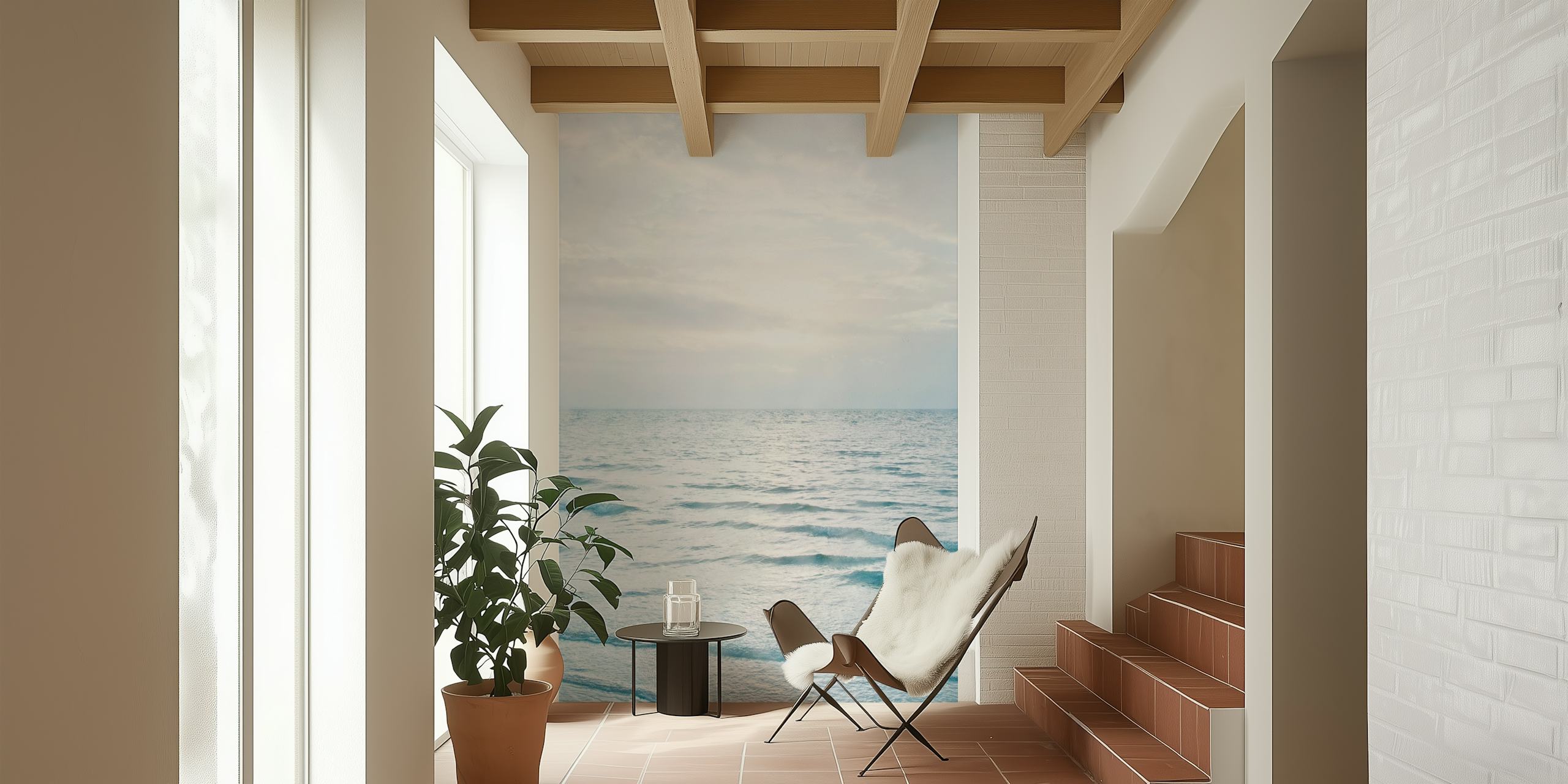Calm ocean waves at sunrise with soft blue tones wallpaper