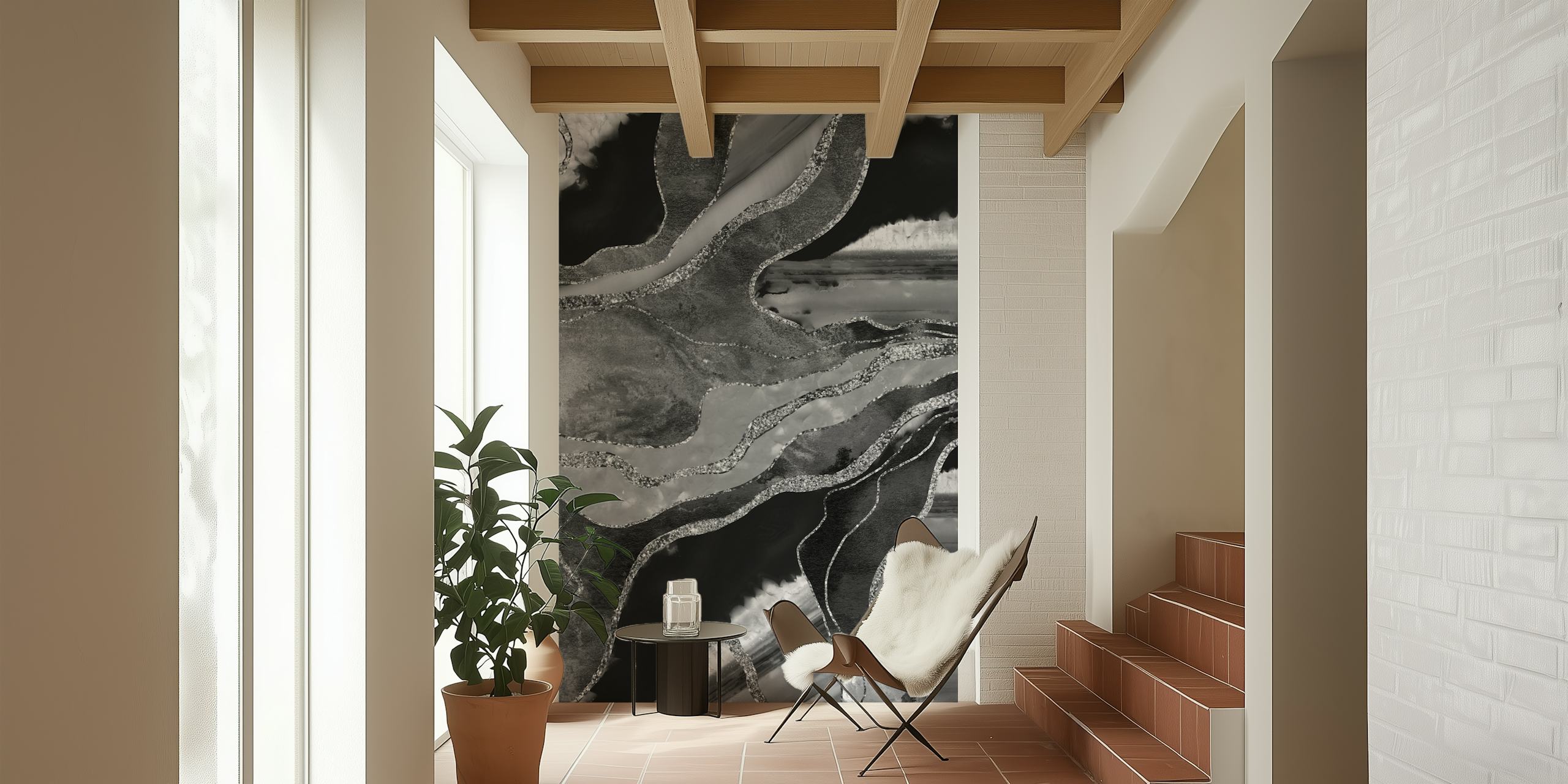 Black and white marbled pattern wallpaper with fluid shapes