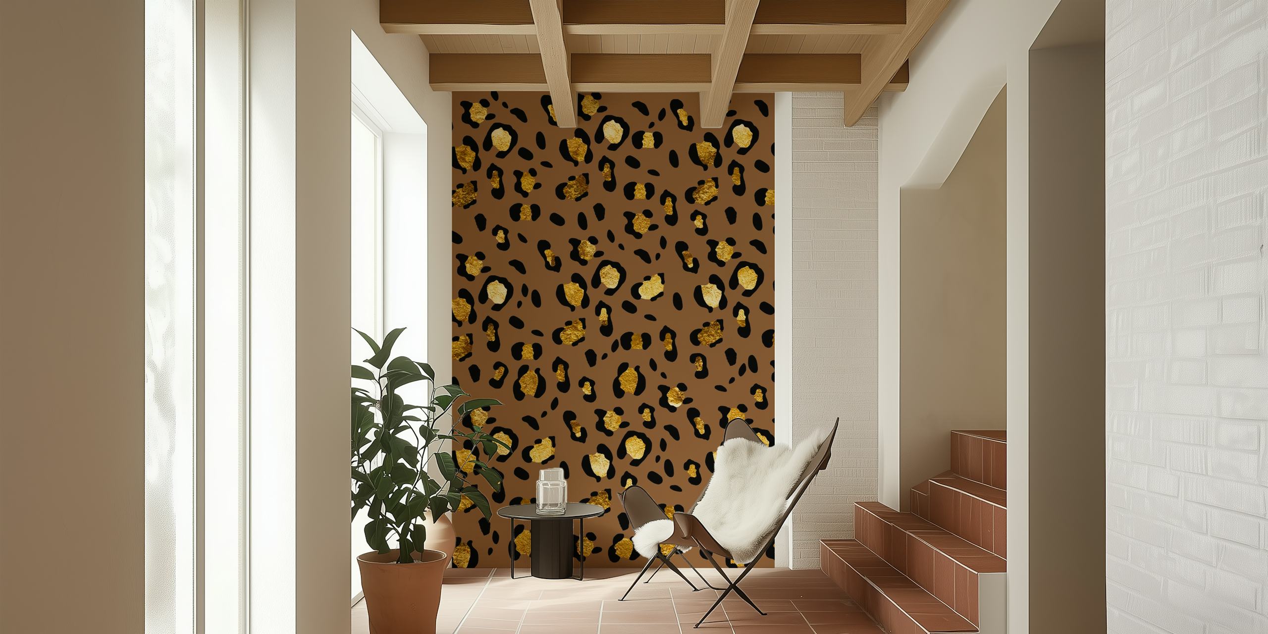 Leopard Animal Print Glam 29 wall mural with golden spots on a coffee-colored background
