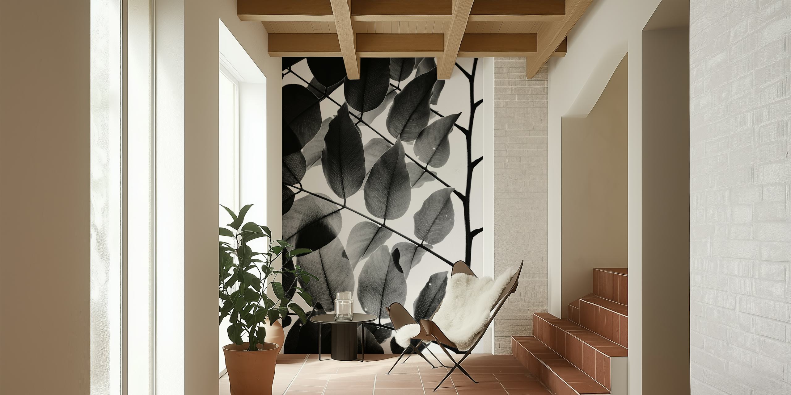 Black and white leaf pattern wallpaper featuring delicate leaves and branches.