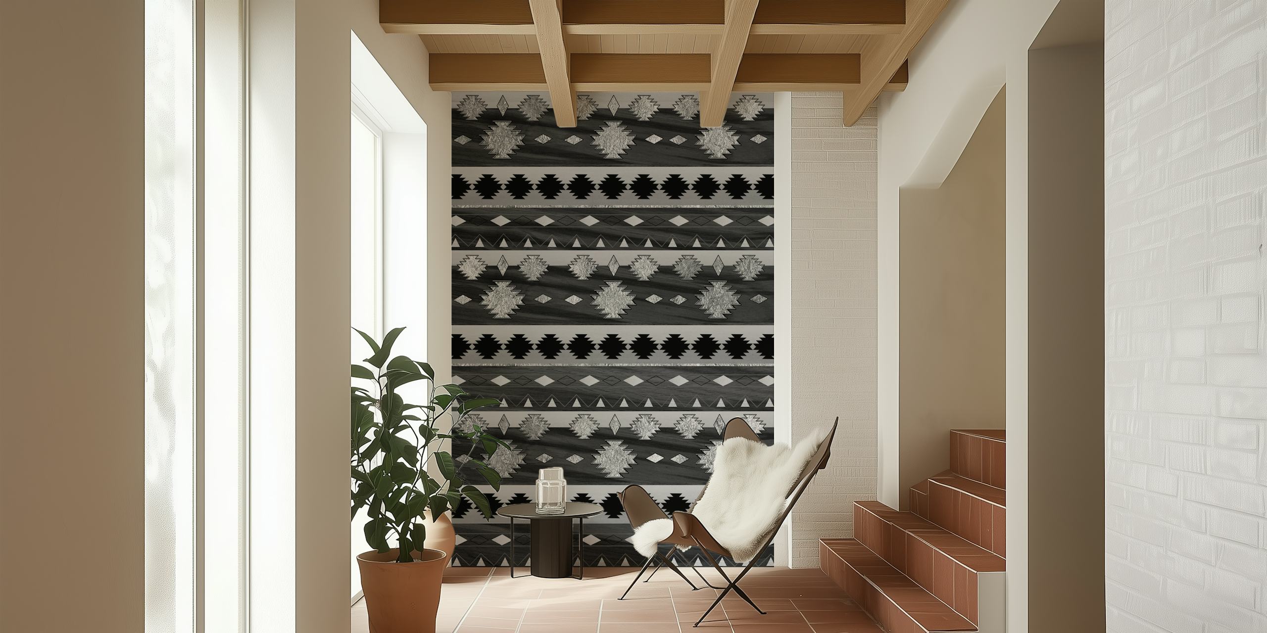 Tribal geometric patterns in black and white wallpaper
