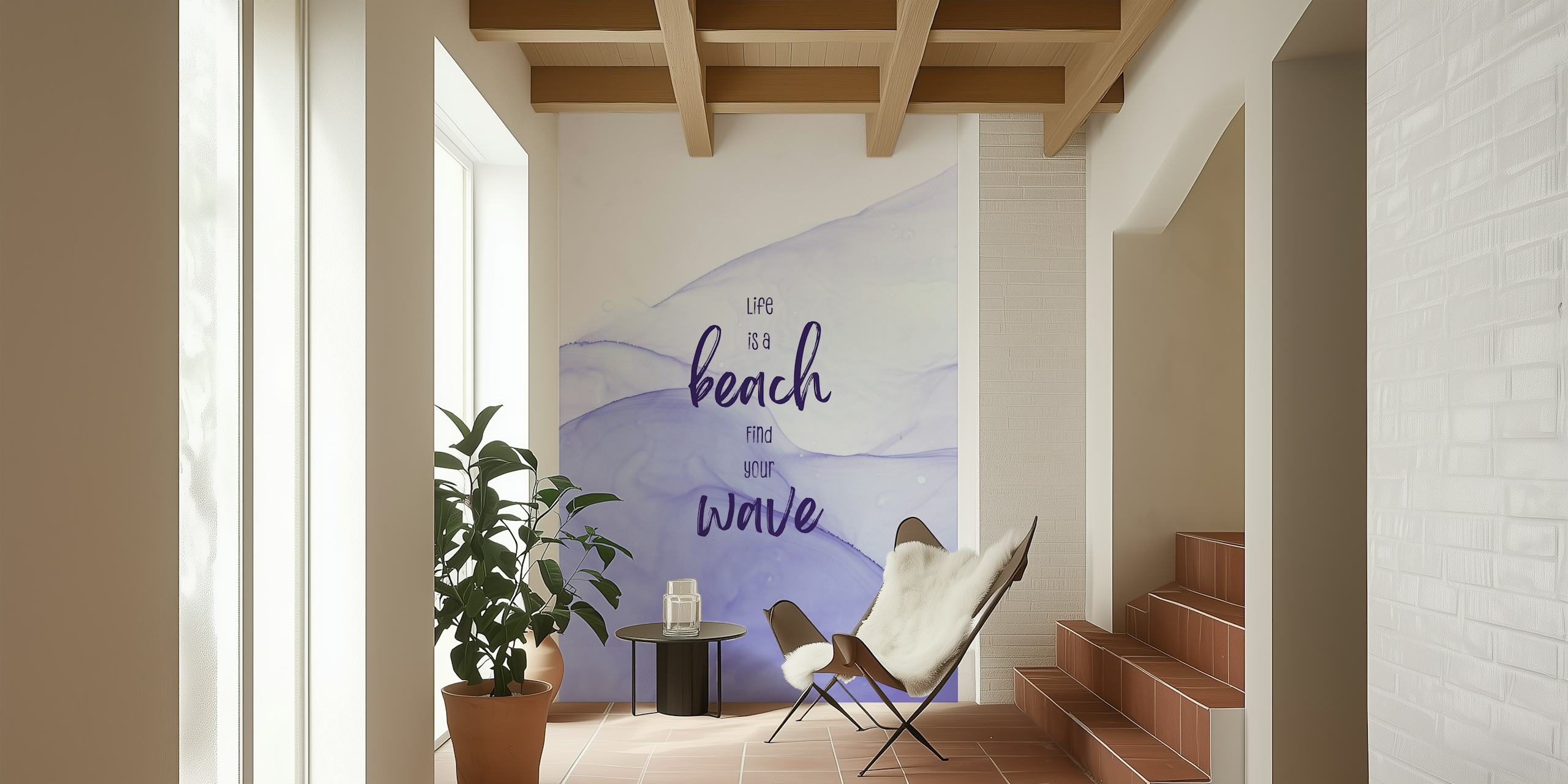 Wavy purple ocean design with text 'Life is a beach' wallpaper