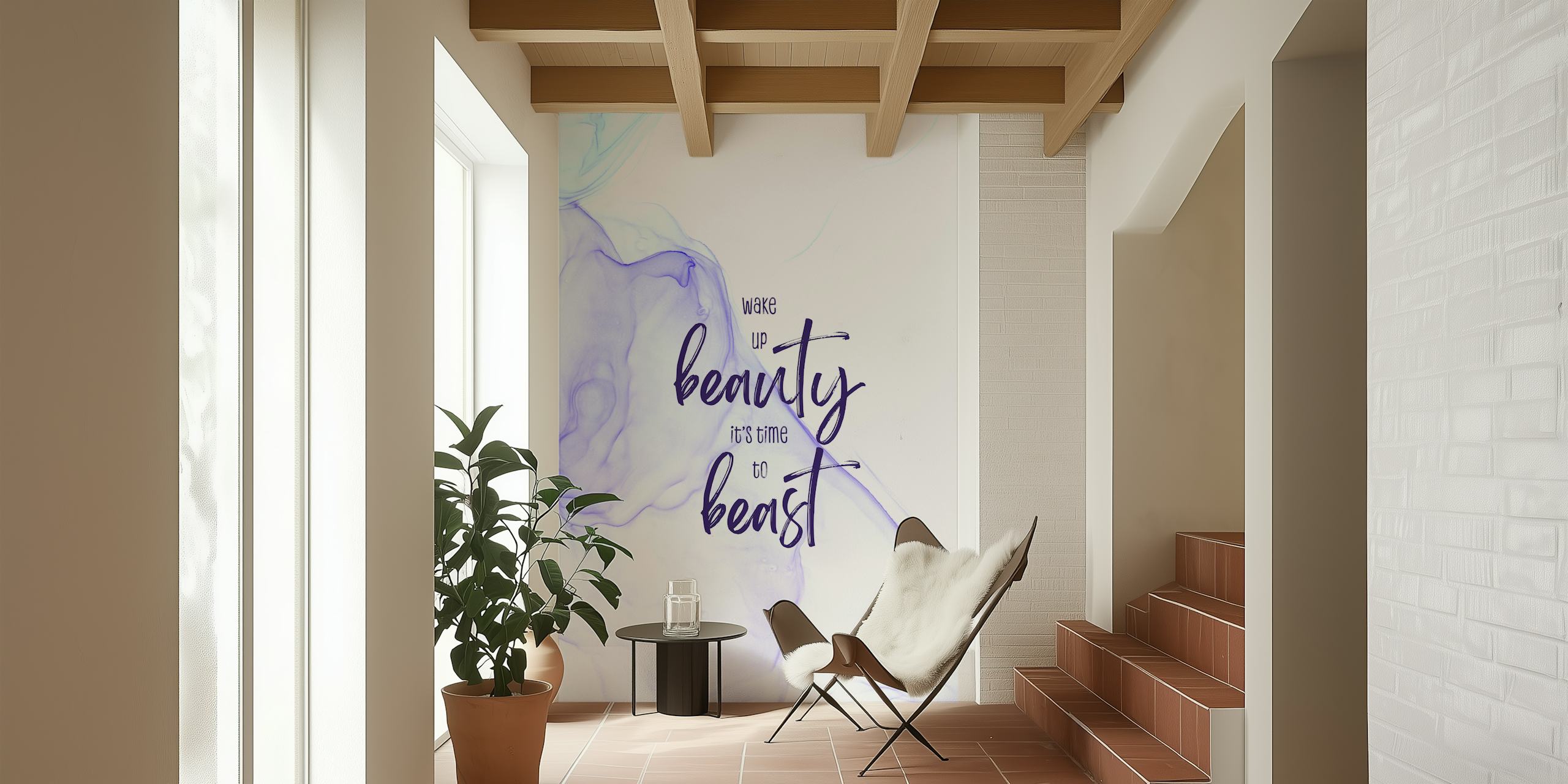 Inspirational Wake up beauty – It's time to beast wall mural with purple watercolor design