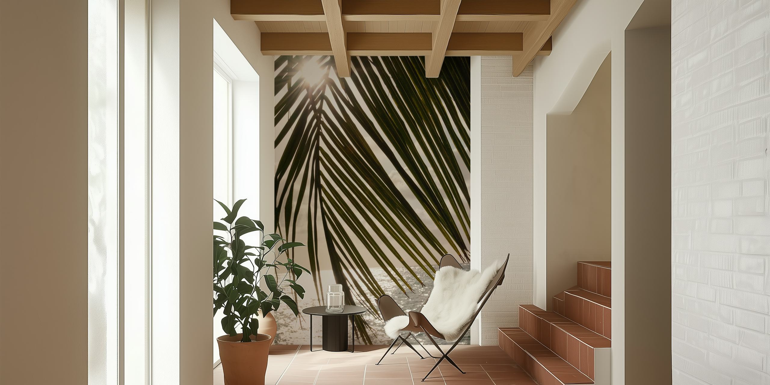 Tropical sunset wallpaper with palm leaves