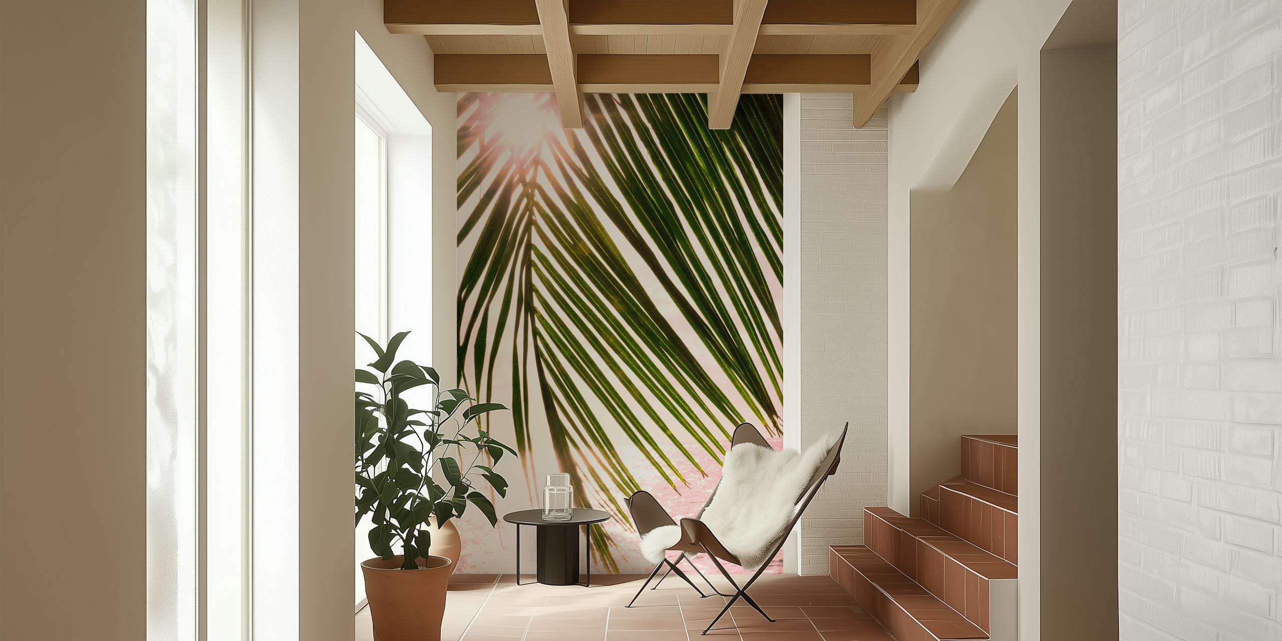 Tropski zalazak sunca Ocean Palm 2 zidna slika sa siluetom palminog lišća naspram zalaska sunca