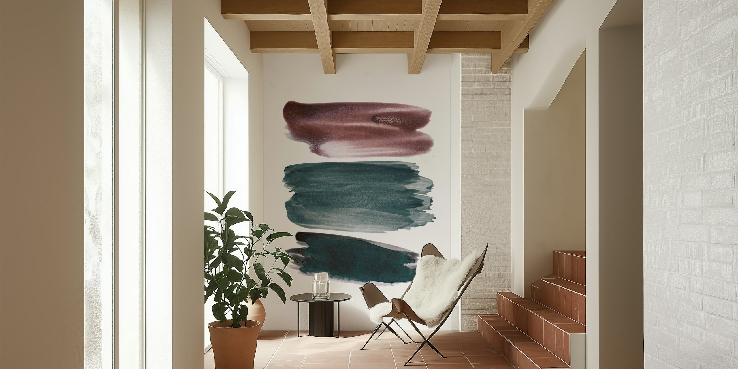 Abstrakti siveltimenvetoinen seinämaalaus vaimeissa väreissä