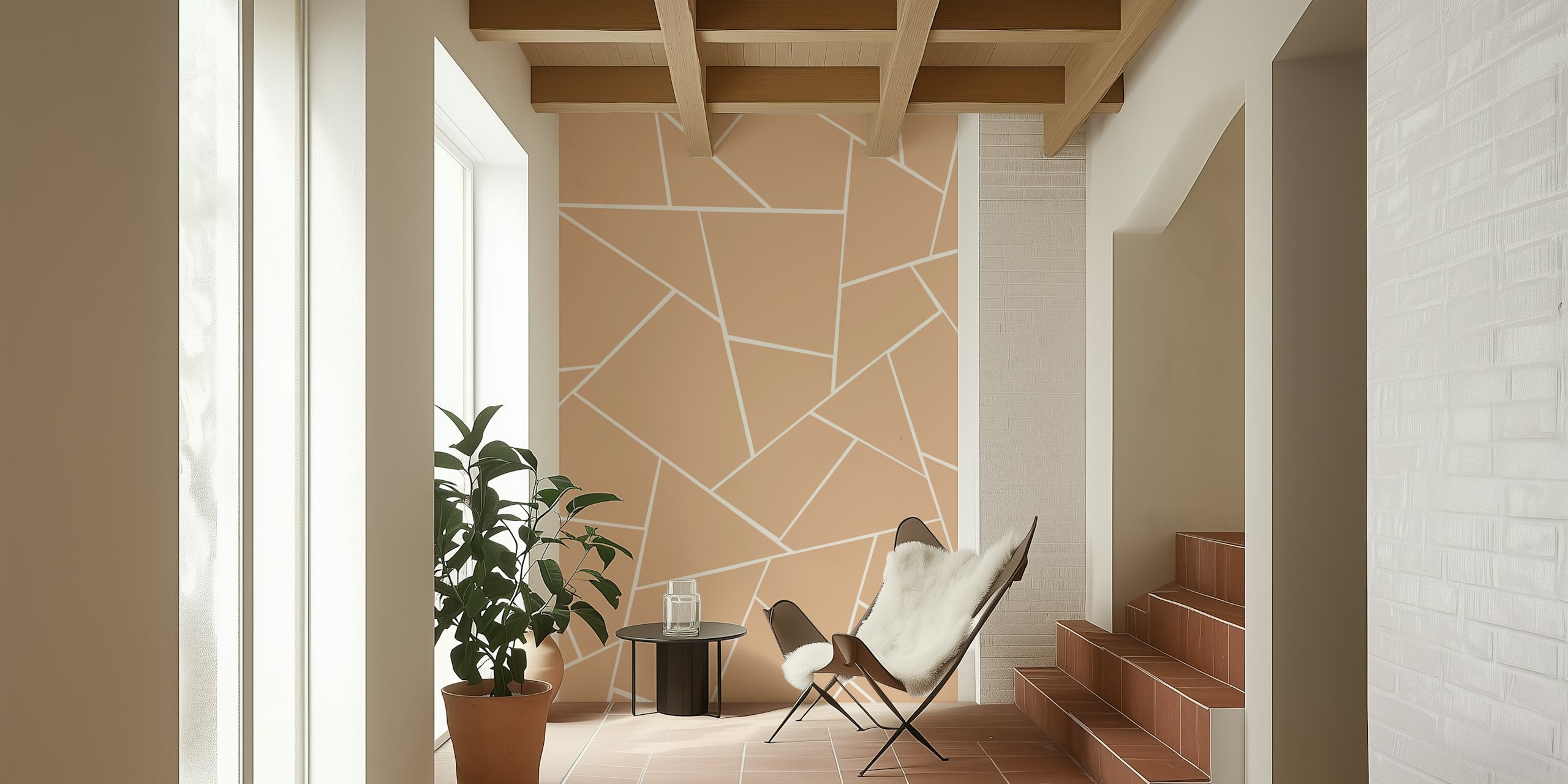 Warm beige geometric wallpaper in a room
