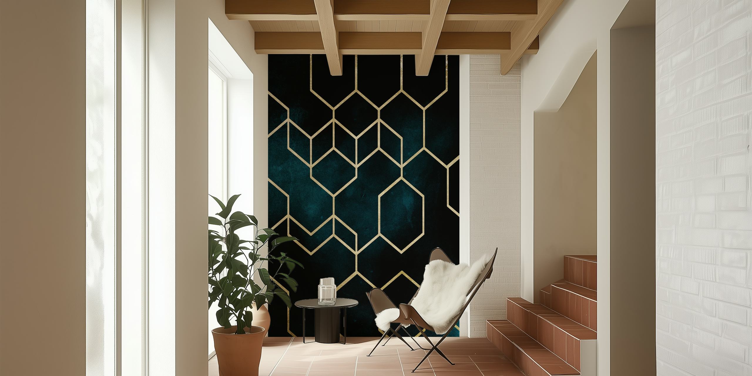 Gold geometric hexagonal pattern on dark teal wallpaper