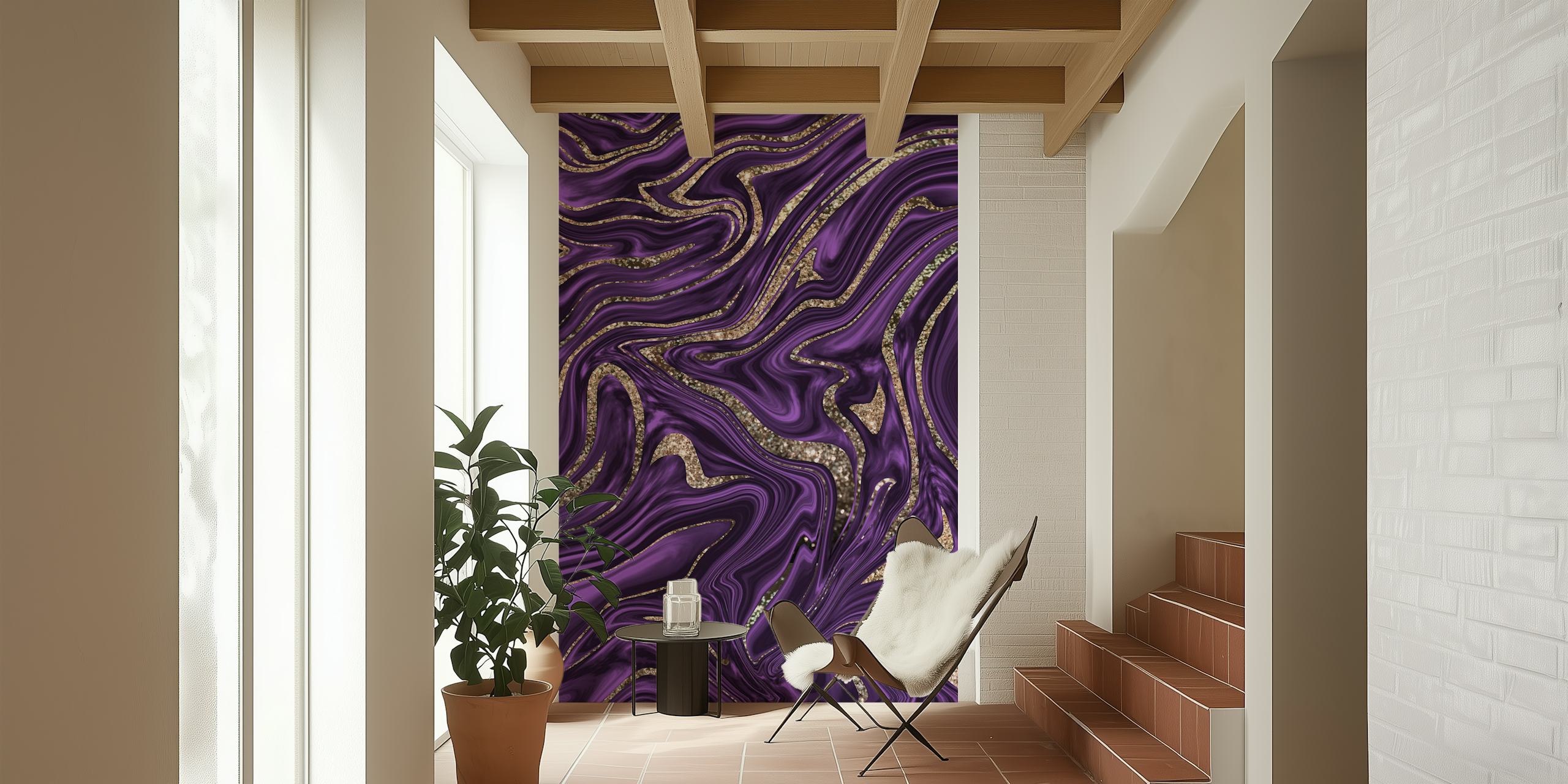 Purple and gold glitter abstract rippling wallpaper