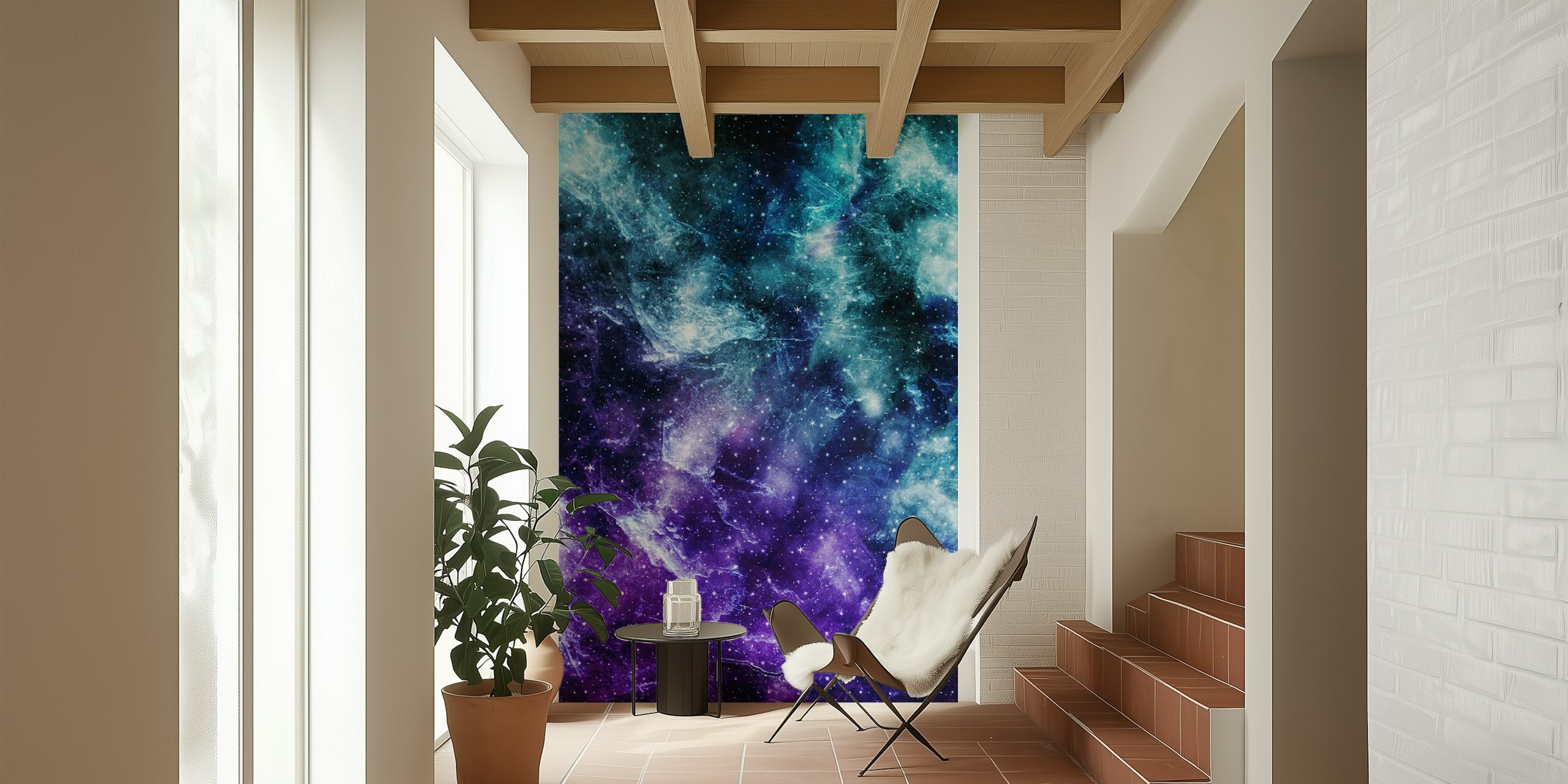 Papel de parede Purple Teal Galaxy Nebula em um quarto