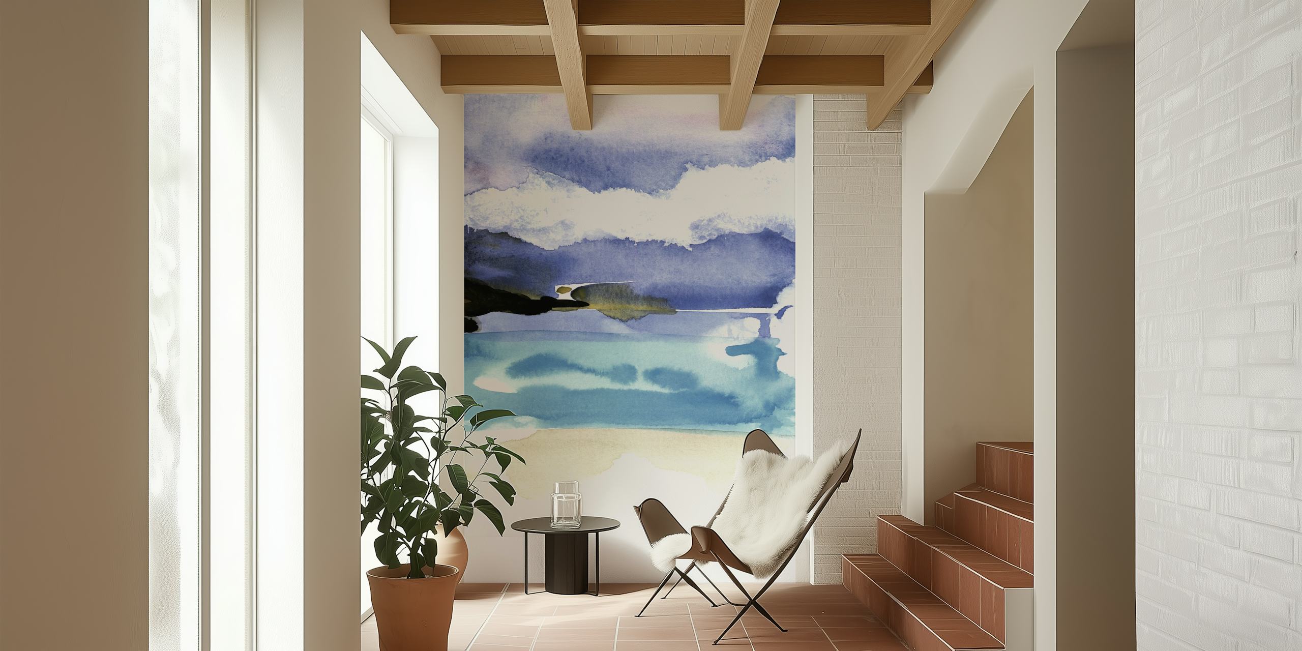 Watercolor ocean scene with blue waves and soft clouds wallpaper