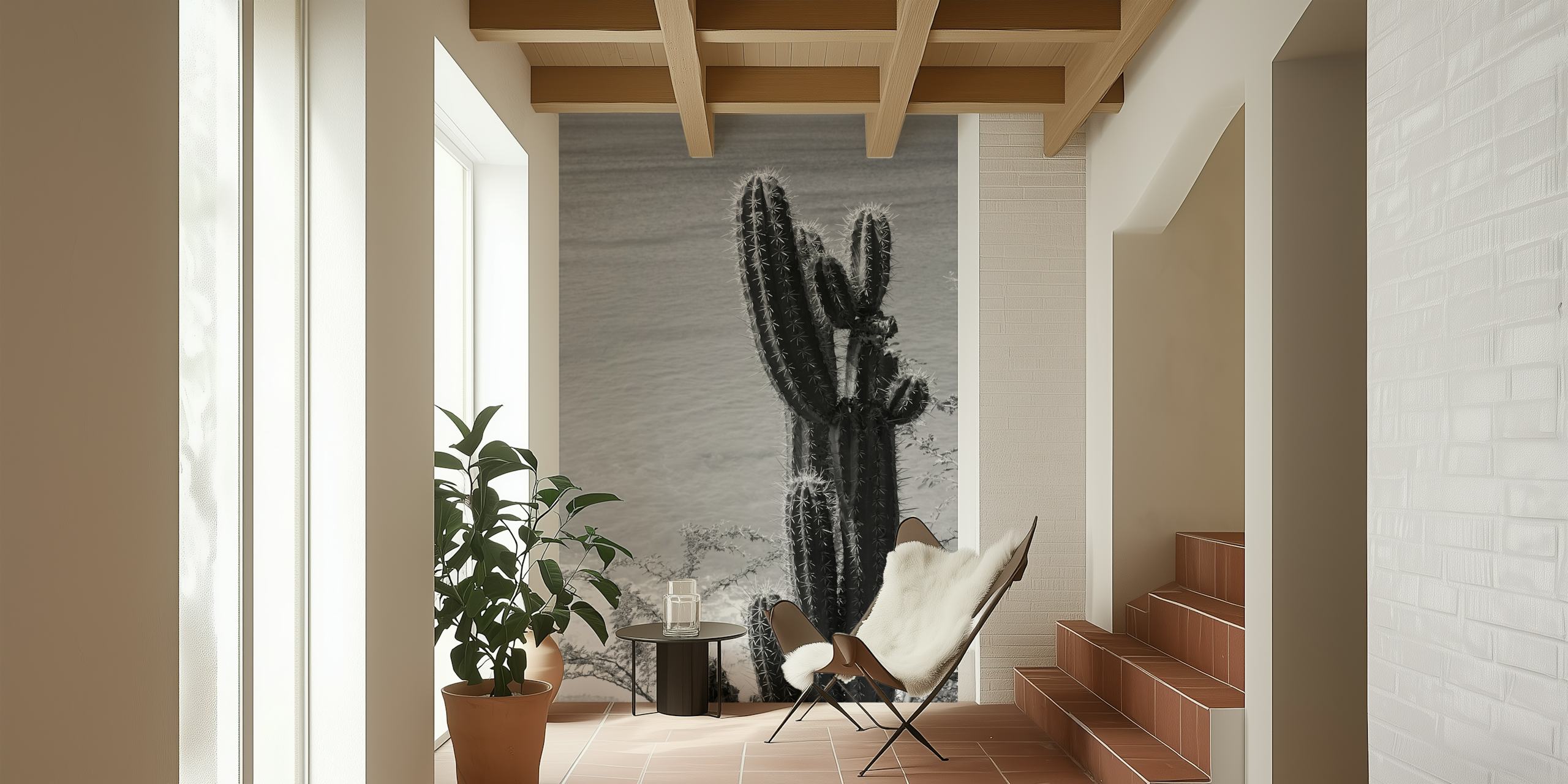 Black and white cactus against the ocean view wallpaper