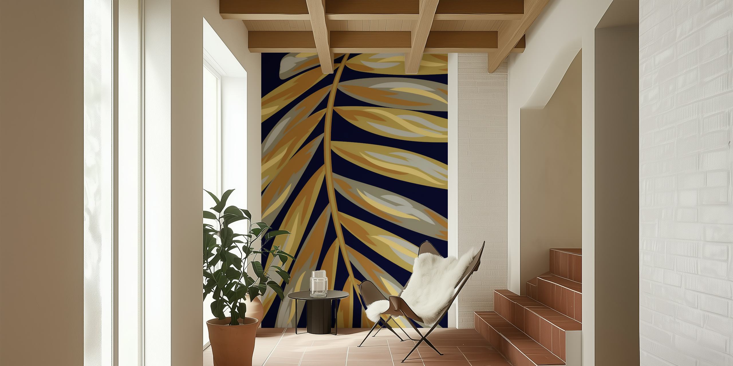 Papier peint luxueux de feuilles de palmier dorées sur fond bleu marine