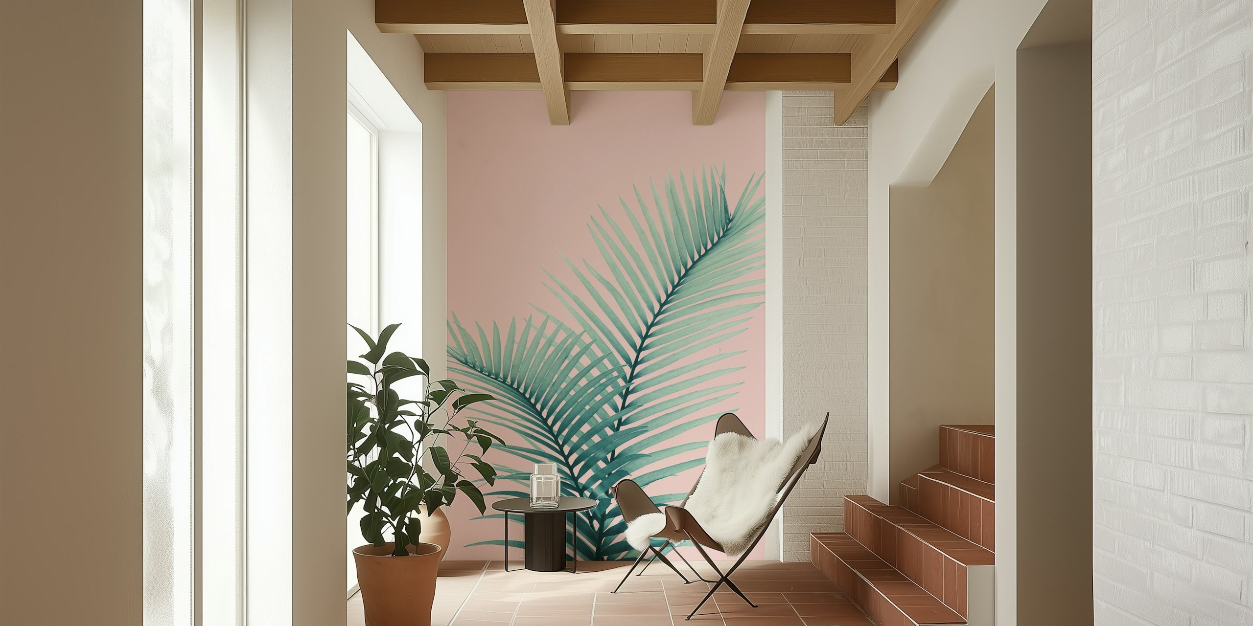 Palm leaves in green on a pink background wallpaper