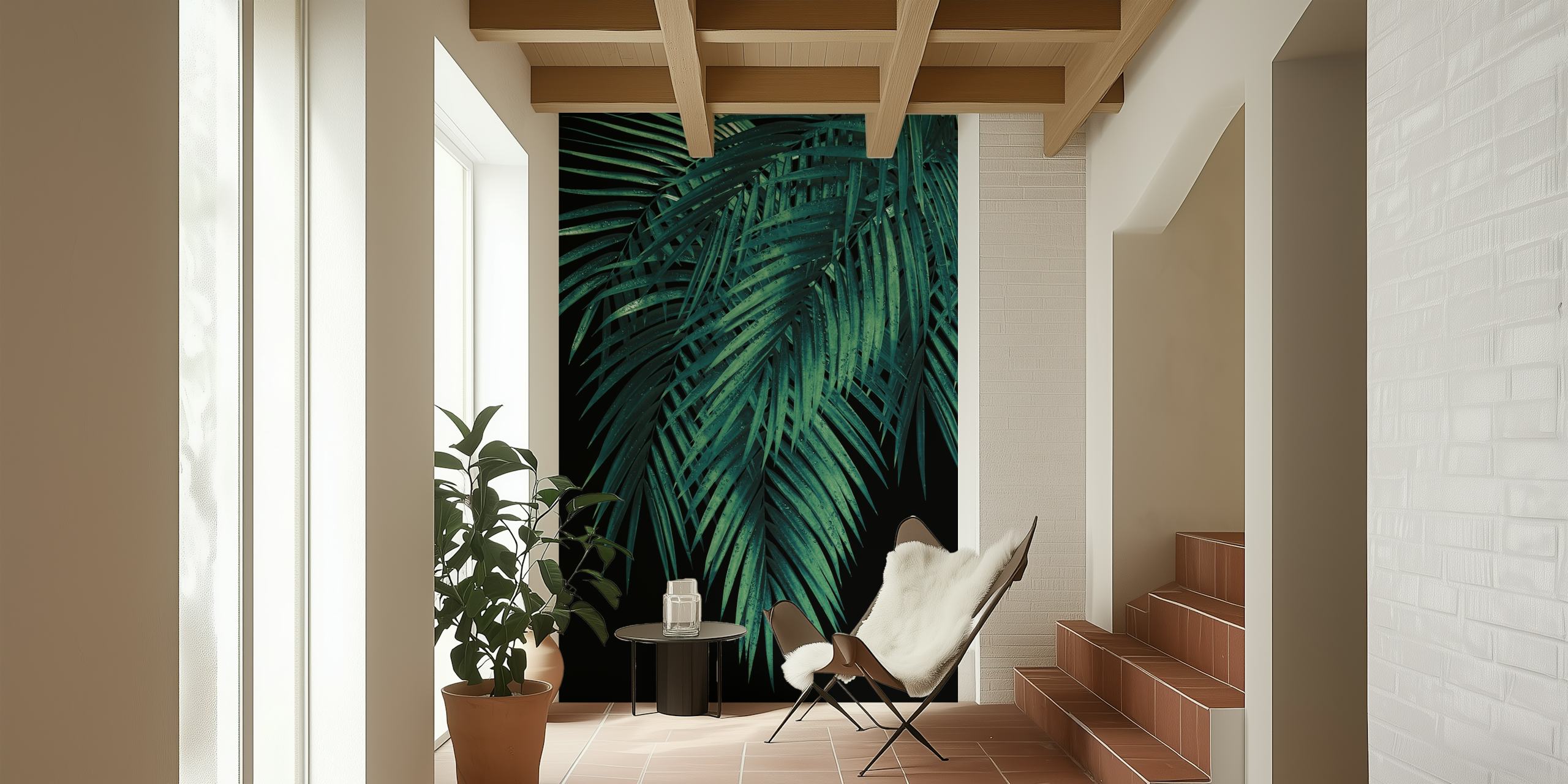 Verdant palm leaves against a dark night backdrop wall mural