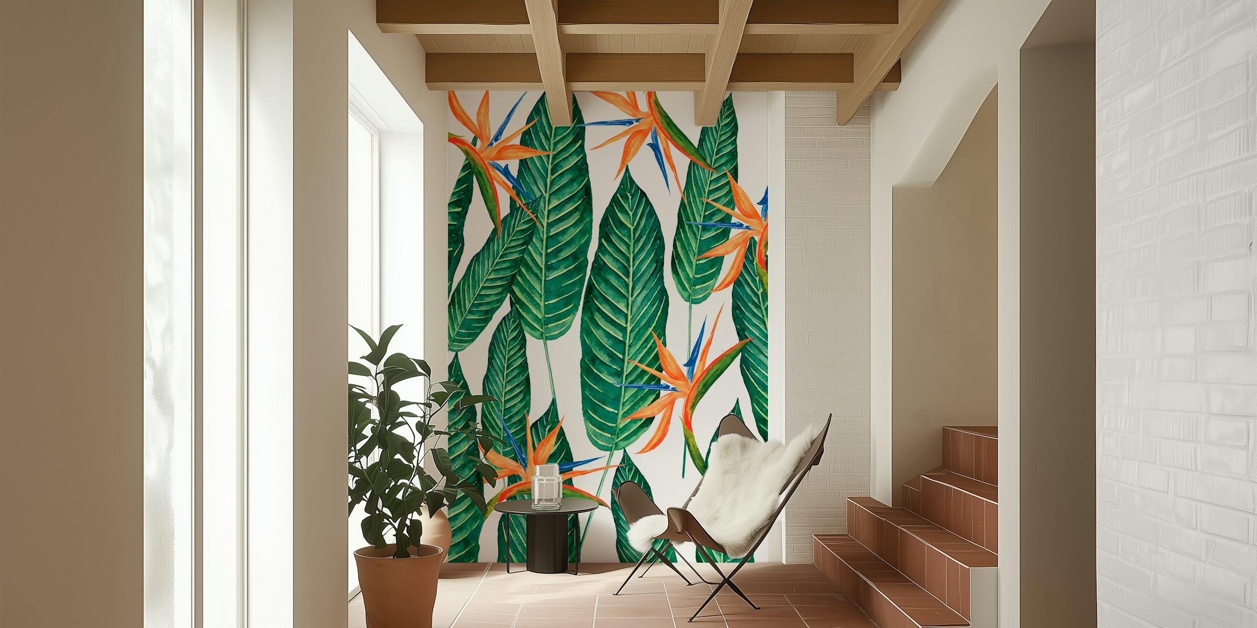 Tropical banana leaves with orange and blue flowers wallpaper