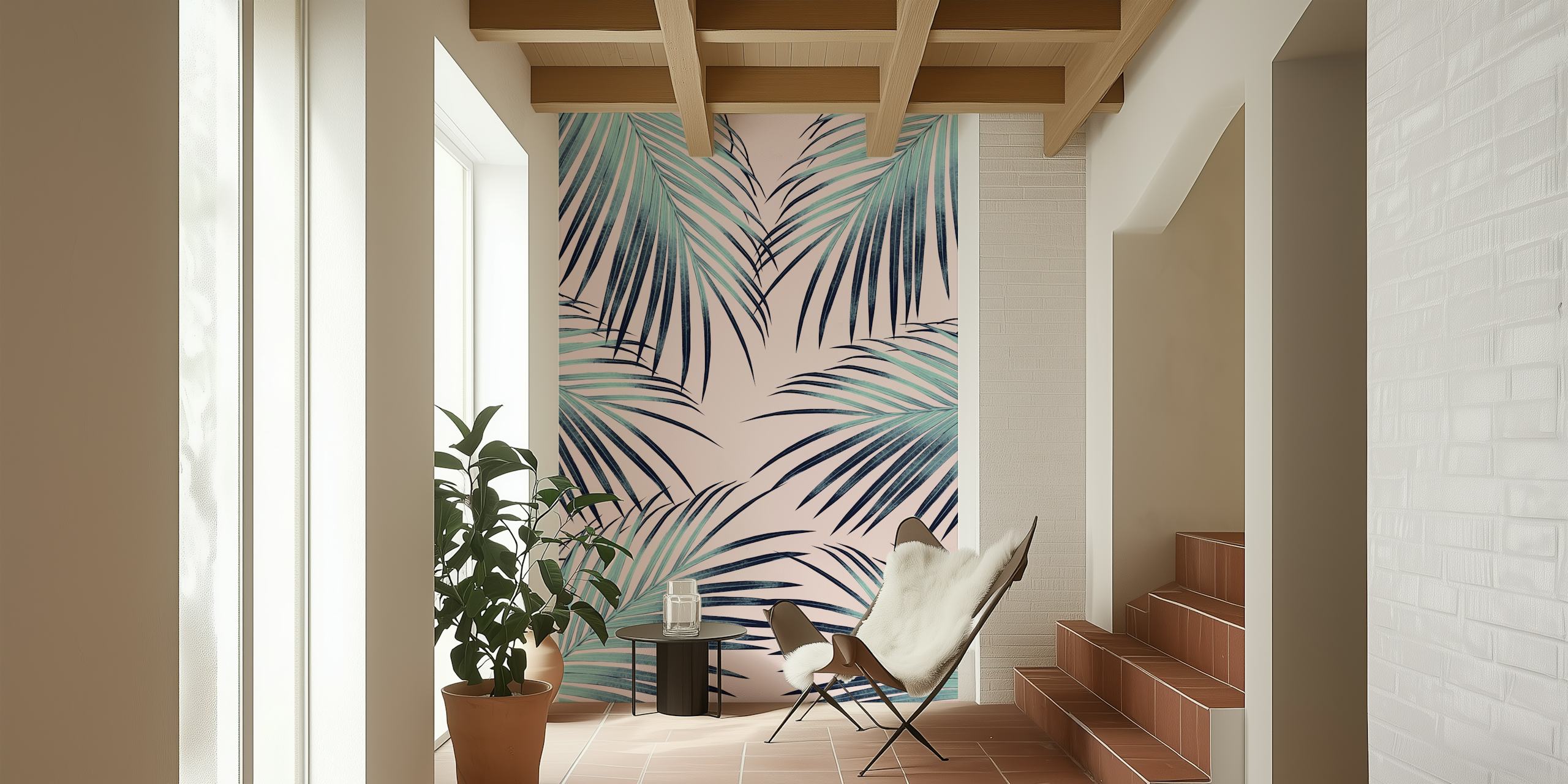 Blush Palm Leaves wallpaper in a room