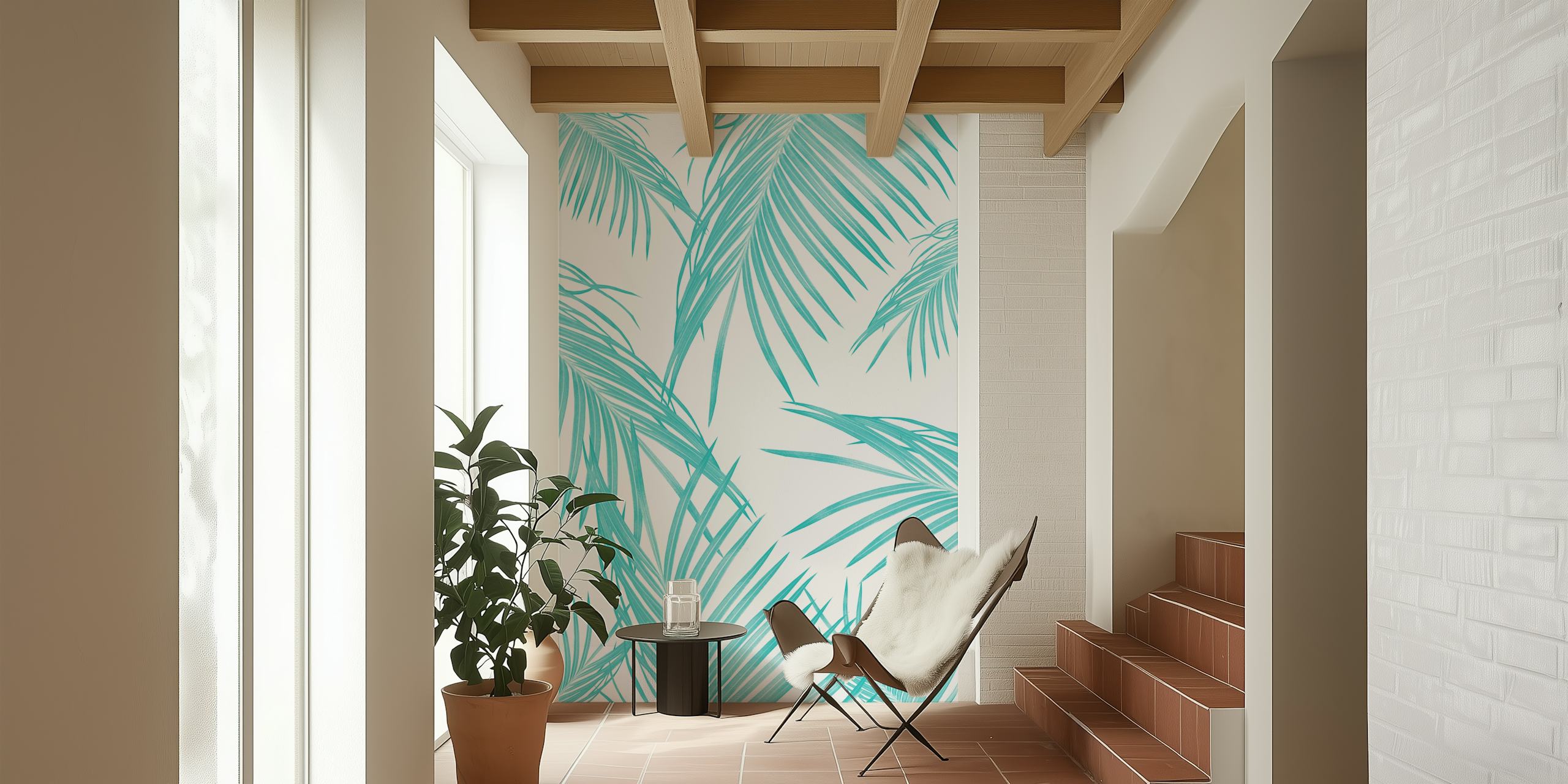 Soft turquoise palm leaves pattern wall mural